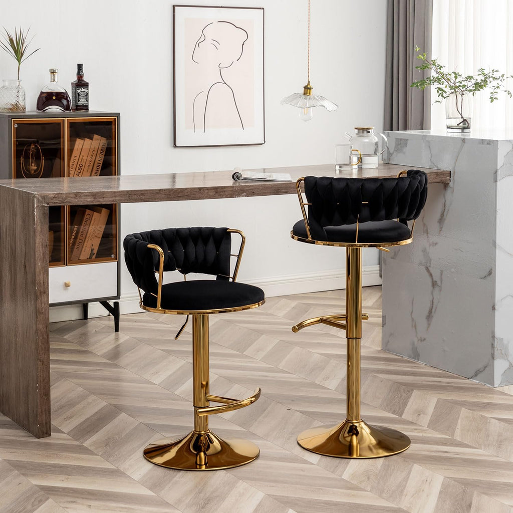 Riknuxi Velvet Bar Stools Set of 3, Counter Height Barstools with Low Back, Gold Swivel Bar Stool for Kitchen Island, Pub (Black)