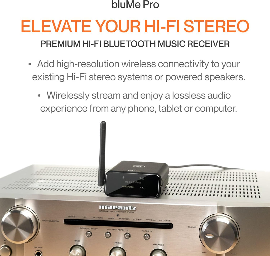 Auris Blume Pro HiFi Bluetooth 5.3 Music Receiver Long Range Bluetooth Adapter with Audiophile DAC, LDAC, aptX HD, OLED Display & Optical Coaxial AUX Output for Home Stereo, AV Receiver or Amplifier