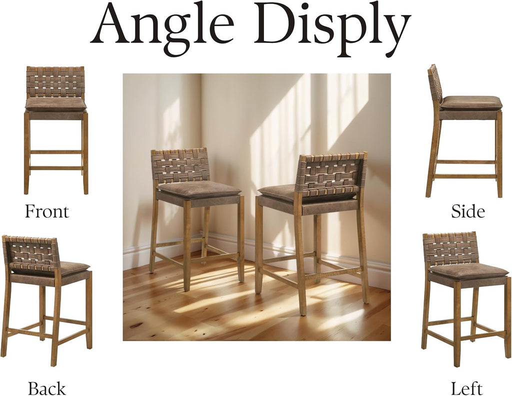 EALSON Mid Century Rattan Bar Stools Set of 4 Modern Farmhouse Barstools with Leather Woven Backs 26 Inch Wooden Counter Stool Breakfast Upholstered Bar Chairs for Kitchen Island, Brown