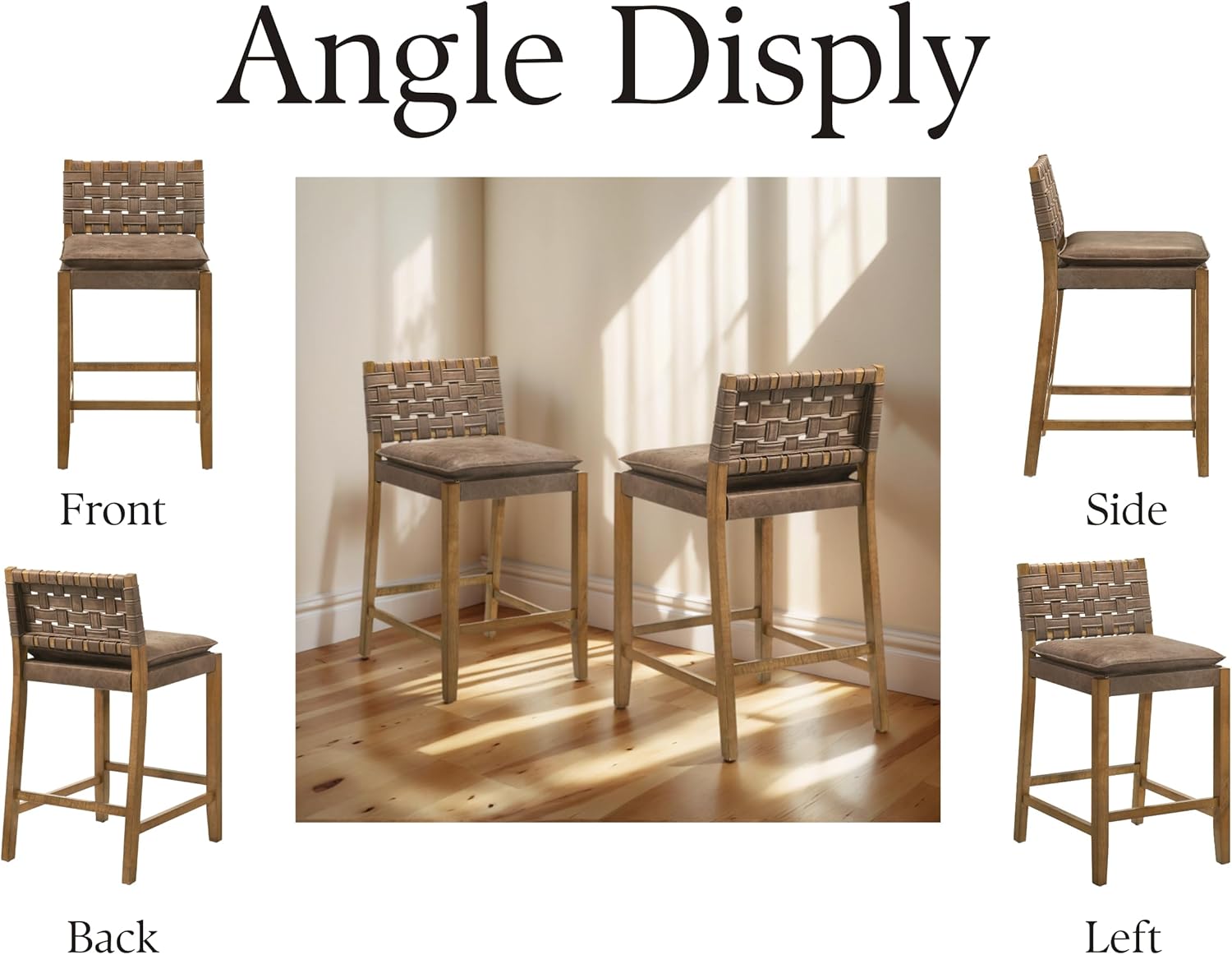 EALSON Mid Century Rattan Bar Stools Set of 4 Modern Farmhouse Barstools with Leather Woven Backs 26 Inch Wooden Counter Stool Breakfast Upholstered Bar Chairs for Kitchen Island, Brown