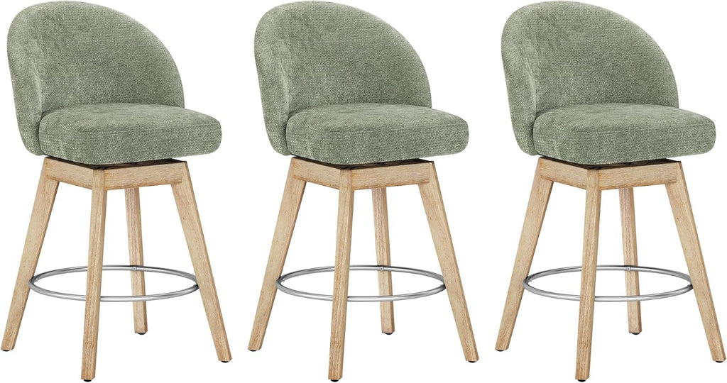 LUE BONA 360° Swivel Bar Stools Set of 3, 26" Counter Height Bar Stools with Backs, Modern Mid-Century Fabric Upholstered Stools with Solid Wood Legs for Kitchen Island, Light Green