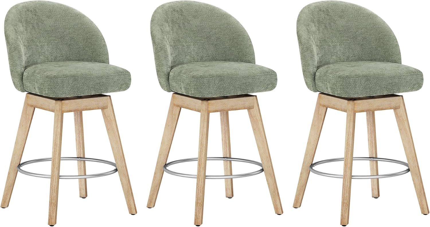 LUE BONA 360° Swivel Bar Stools Set of 3, 26" Counter Height Bar Stools with Backs, Modern Mid-Century Fabric Upholstered Stools with Solid Wood Legs for Kitchen Island, Light Green