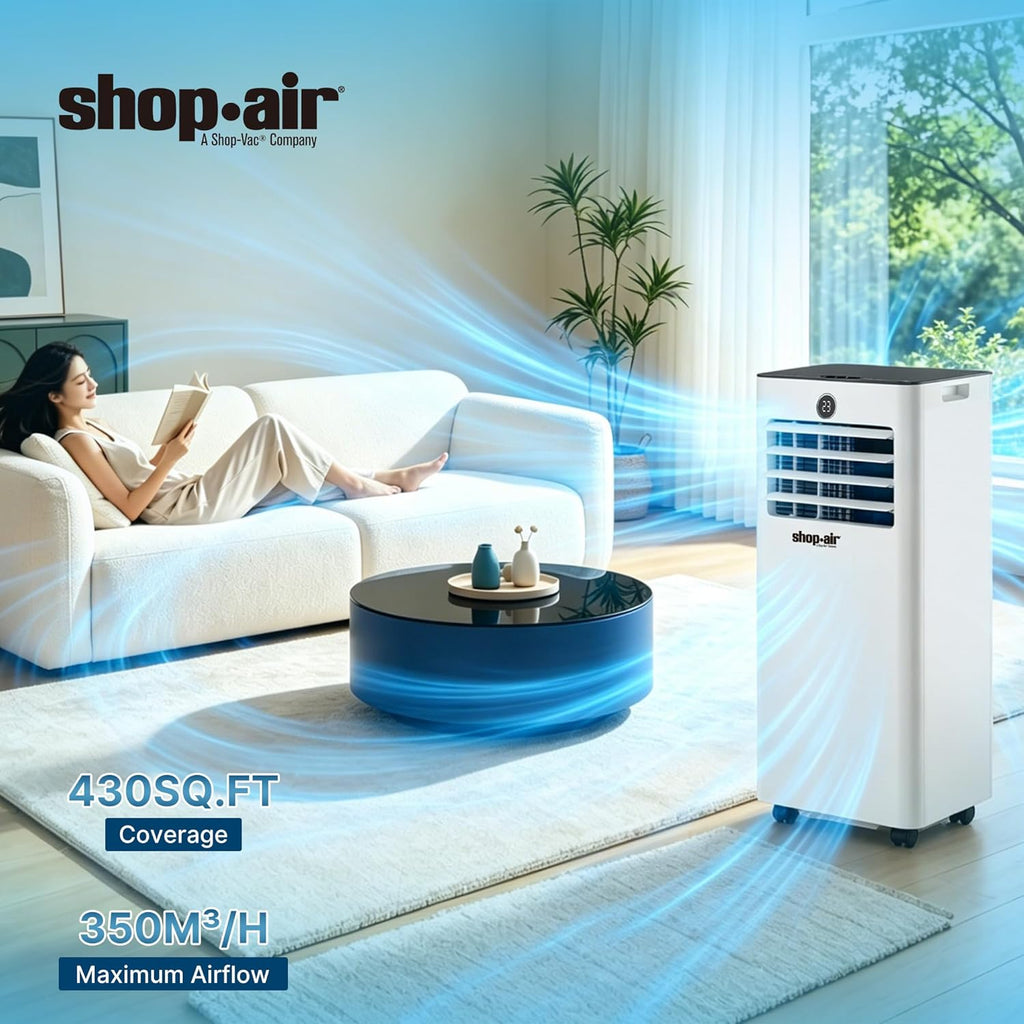 Shop-Air 10,000 BTU Portable Air Conditioner for Rooms up to 430 Sq. Ft, 3-in-1 Portable AC Unit for Rooms with Remote Control, Fast Cooling, Dehumidifier, Quiet Sleep Mode, Window Kit Included