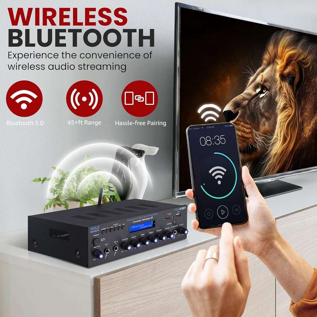 Pyle Wireless BT Stereo Amplifier - Multi Channel, 200 Watt Power, Home Audio Receiver System with FM Radio, BT, USB SD, AUX, RCA, Mic-in, BT and FM Antenna