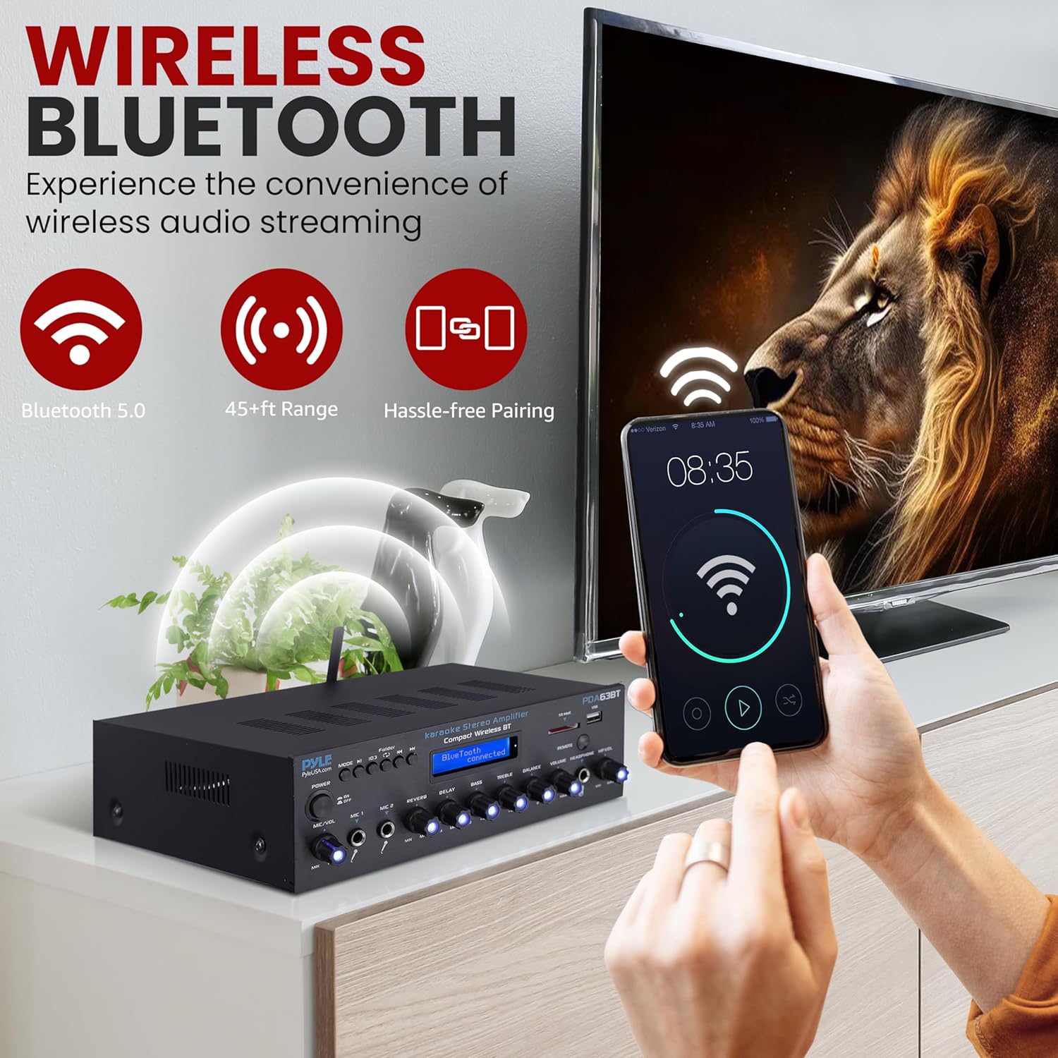 Pyle Wireless BT Stereo Amplifier - Multi Channel, 200 Watt Power, Home Audio Receiver System with FM Radio, BT, USB SD, AUX, RCA, Mic-in, BT and FM Antenna