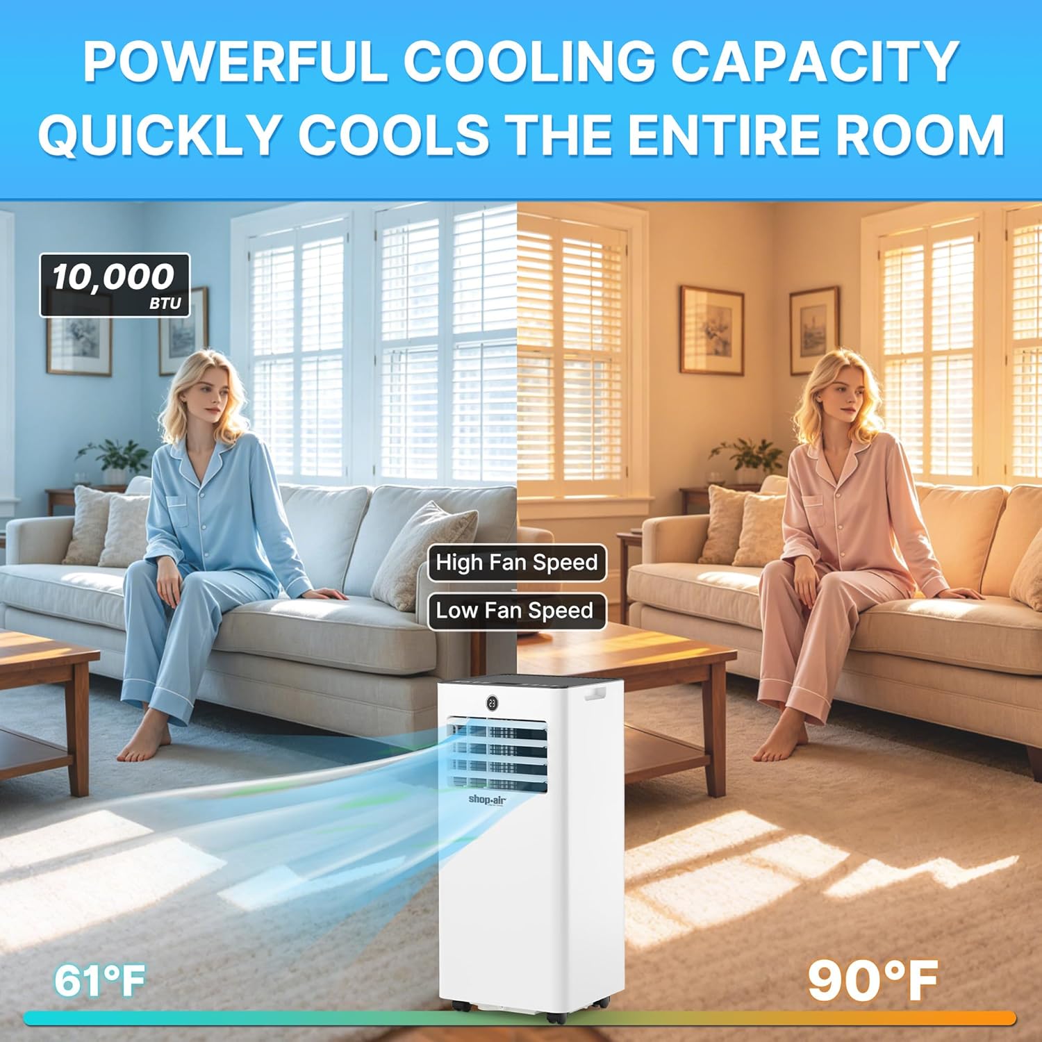 Shop-Air 10,000 BTU Portable Air Conditioner for Rooms up to 430 Sq. Ft, 3-in-1 Portable AC Unit for Rooms with Remote Control, Fast Cooling, Dehumidifier, Quiet Sleep Mode, Window Kit Included