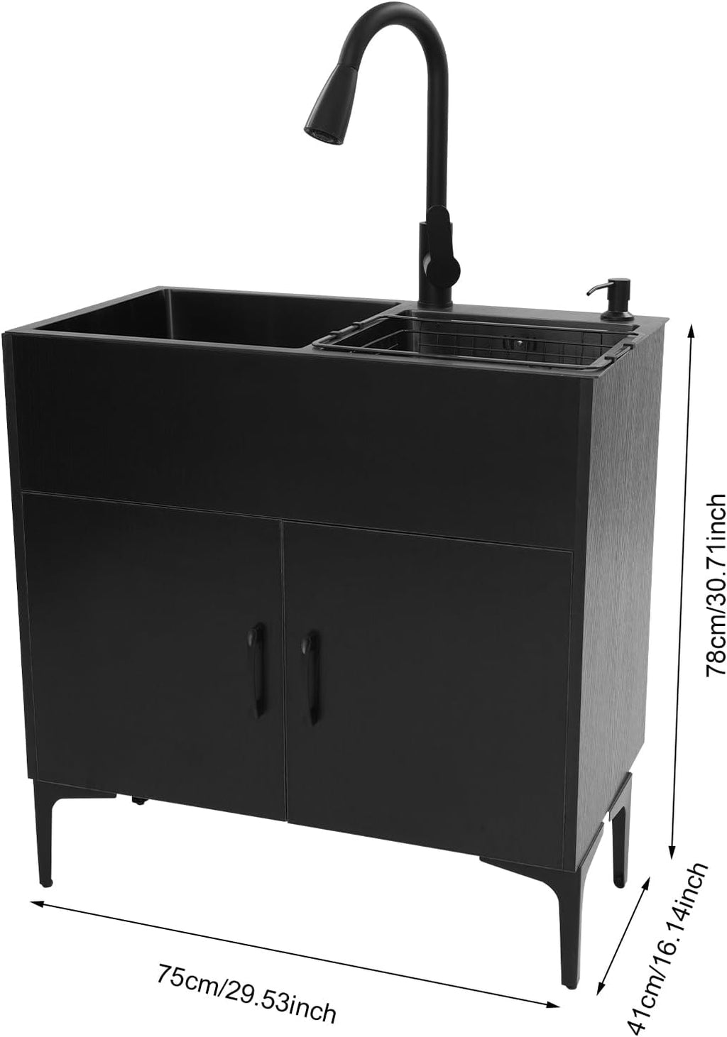 Laundry Sink with Cabinet, Stainless Steel Sink Laundry Tub with Faucet Heavy Duty Slop Freestanding Utility Sink for Washing Room Basement Garage Shop Single-Bowl (Black, 29.5 * 16.1 * 30.7in)