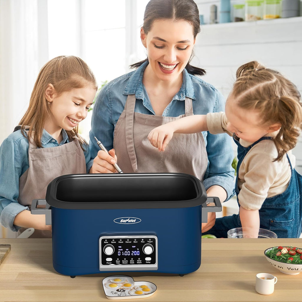 Sunvivi 8 Quart Slow Cooker Roaster Oven, 12 in 1 Programmable Multi-Cooker Food Warmer with Digital Timer, Temp Control, Removable Cast Aluminum Pot & Dishwasher-Safe Tempered Glass Lid, Blue
