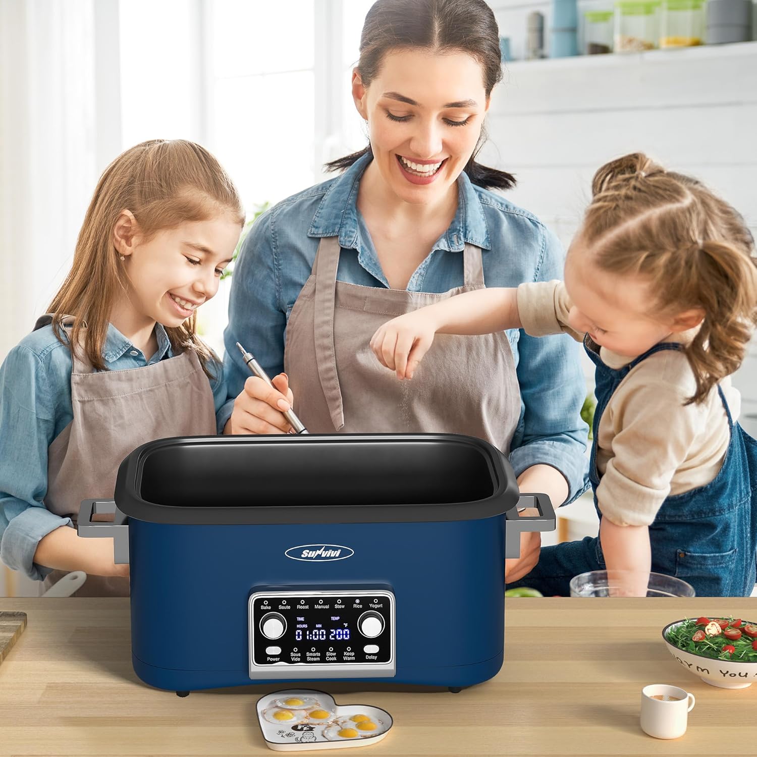 Sunvivi 8 Quart Slow Cooker Roaster Oven, 12 in 1 Programmable Multi-Cooker Food Warmer with Digital Timer, Temp Control, Removable Cast Aluminum Pot & Dishwasher-Safe Tempered Glass Lid, Blue