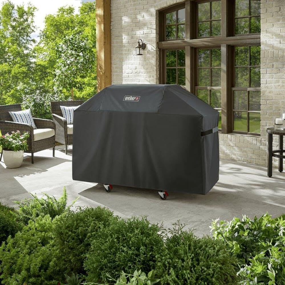 Weber Premium Outdoor Grill Cover – Water‑Resistant Weather‑Protective Grill Cover for Genesis 300 Series (3 Burners) Gas Grills, Durable Black Fabric with Secure Fastening Straps