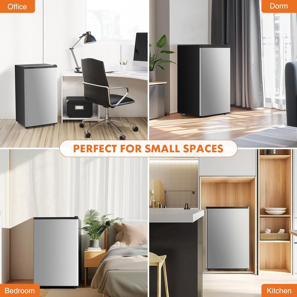 Sweetcrispy 3.2 Cu.Ft Mini Fridge with Freezer, 2 Door Small Refrigerator with Adjustable Thermostat Energy-efficient Low Noise, Compact Fridge for Bedroom, Office, Dorm, Silver