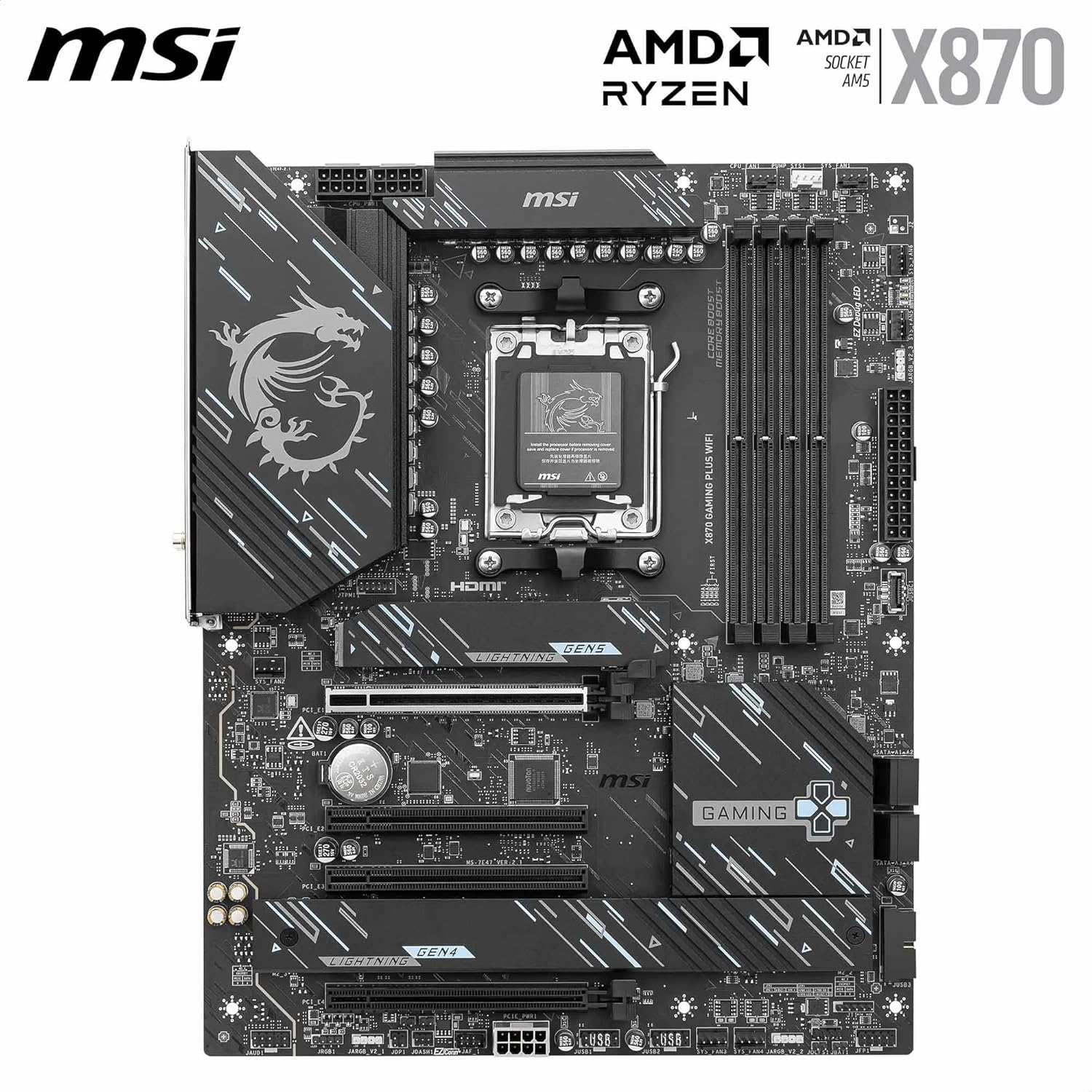 MSI X870 Gaming Plus WiFi Motherboard, ATX - Supports AMD Ryzen 9000/8000 / 7000 Processors, AM5-60A SPS VRM, DDR5 Memory Boost 8200+ MT/s (OC), PCIe 5.0 x16 & 4.0 x16, M.2 Gen5, Wi-Fi 7, 5G LAN