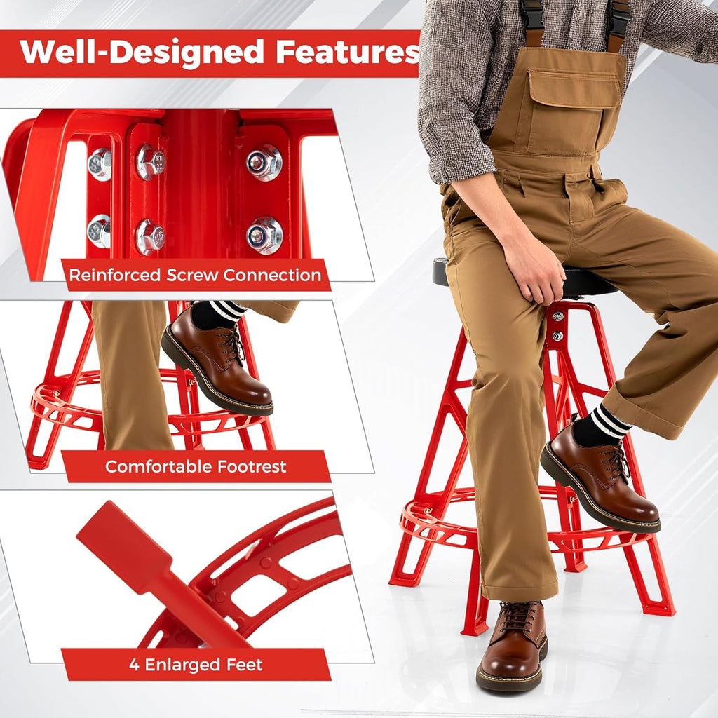 Mechanic Stool, Heavy-Duty Aluminum Garage Barstool with 360° Swiveling Seat & Footrest, Tall Padded Workshop Stool for Tool Room, Auto Repair, 400 LBS Max Load