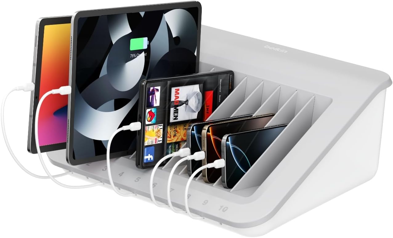 Belkin Charging Station For Laptops with Surge Protector - 10 Device USB Charging Dock for Tablets, Laptops, Chromebooks – Cable Management for Classrooms, Offices, Tech Labs, Shared Spaces, & More