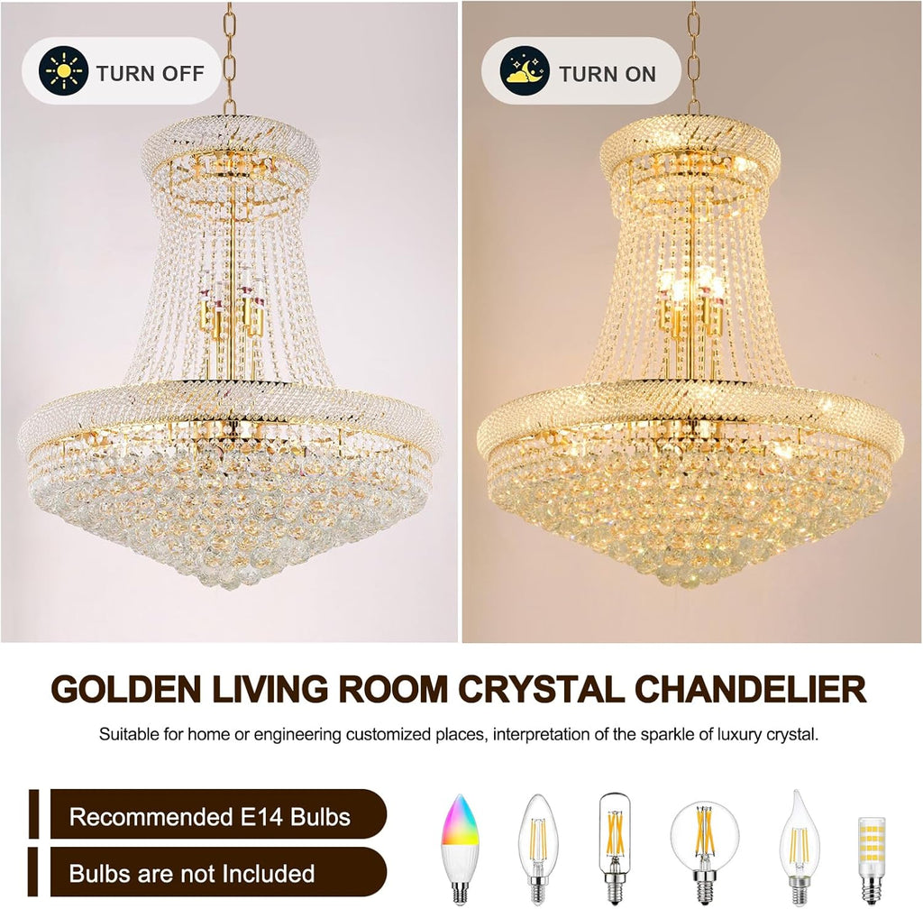 24'' Gold Crystal Chandelier Lighting, 13-Light Modern Gold French Empire Foyer Chandelier, Crystal Raindrop Hanging Pendant Light Fixture for Dining Living Room Bedroom Kitchen Shop