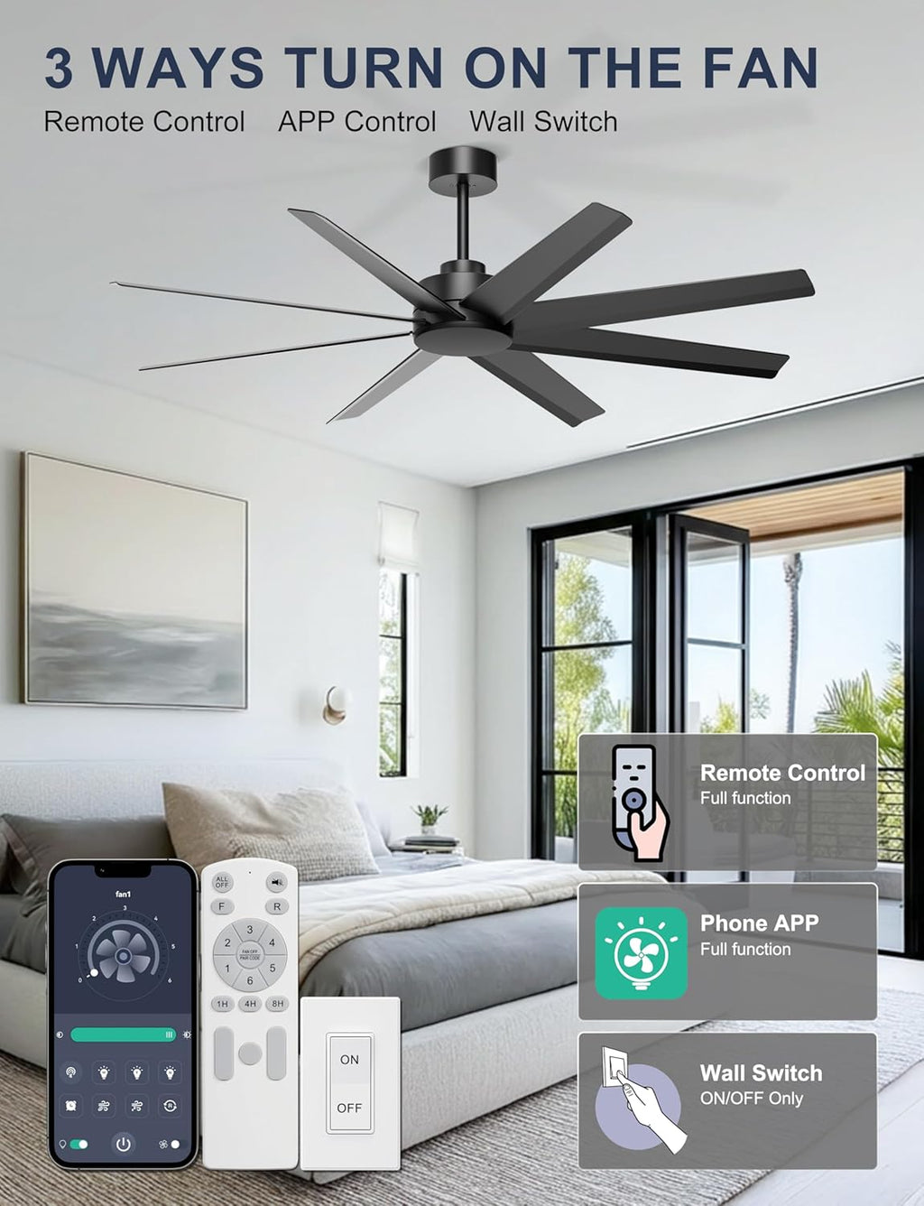 Ohniyou 60'' Ceiling Fan No Light - Modern Black 8 Blades Ceiling Fan Remote/APP Control, DC Motor Outdoor Fan for Covered Patio, Living Room, Shop, Garage