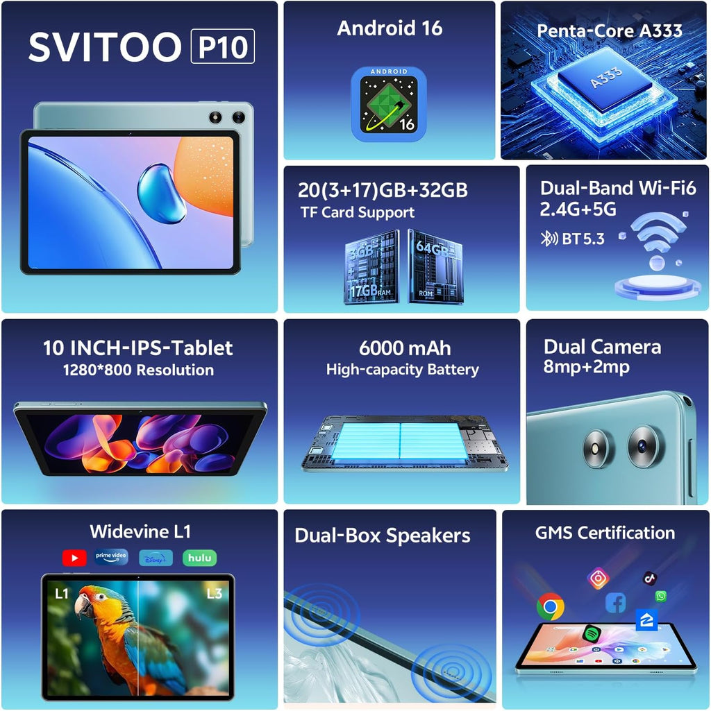 SVITOO Android Tablet 10 Inch, Android 16 Tablet for Kids Adults, 20GB RAM 32GB Storage 1TB Expandable, Dual Cameras 8MP 2MP, 6000mAh Dual Speakers WiFi 6 Blue