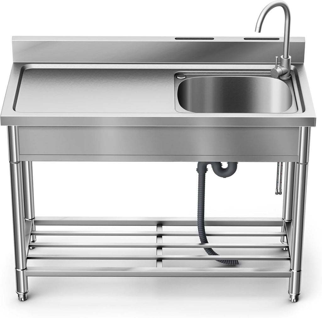 Stainless Steel Utility Sink, Kitchen Sink with Countertop Workstation, Free Standing Single Bowl with Cold and Hot Water Pipe for Laundry Room Garage Work Shop Indoor Outdoor Basement (39 Inch)