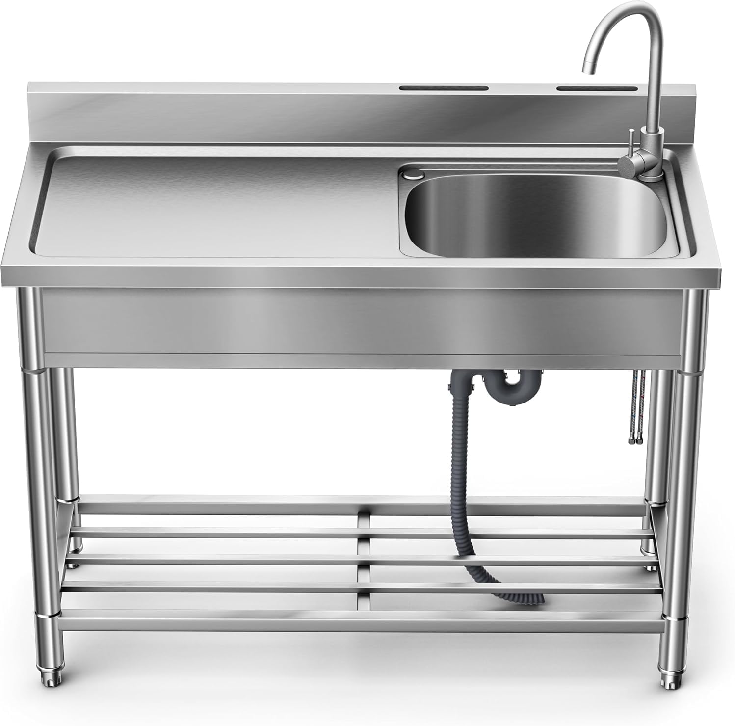 Stainless Steel Utility Sink, Kitchen Sink with Countertop Workstation, Free Standing Single Bowl with Cold and Hot Water Pipe for Laundry Room Garage Work Shop Indoor Outdoor Basement (39 Inch)