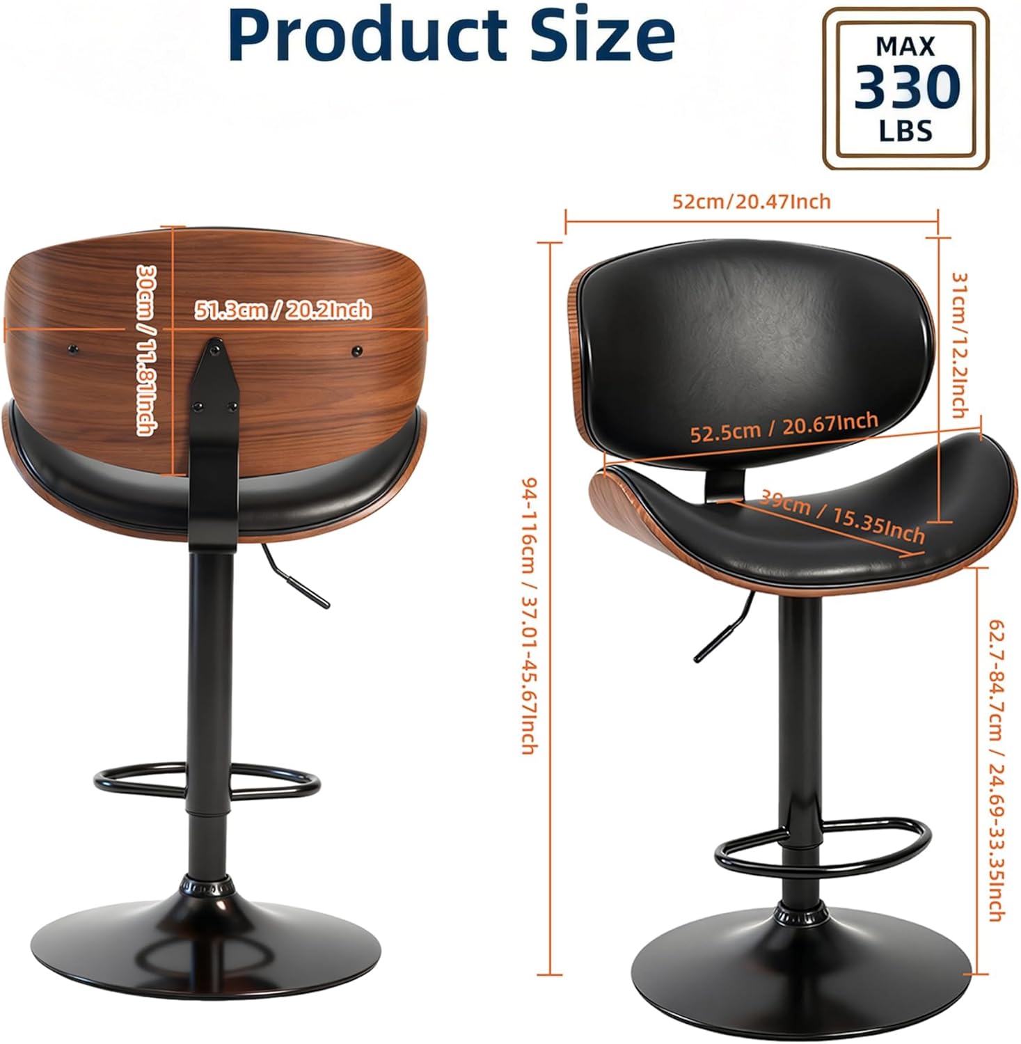 Simple Deluxe Set of 2 PU Leather Swivel Bar Stools, Adjustable Height Bentwood Dining Chairs with Back & Foot Rest, Modern Counter Height Stools for Kitchen, Bar & Dining Room, Black