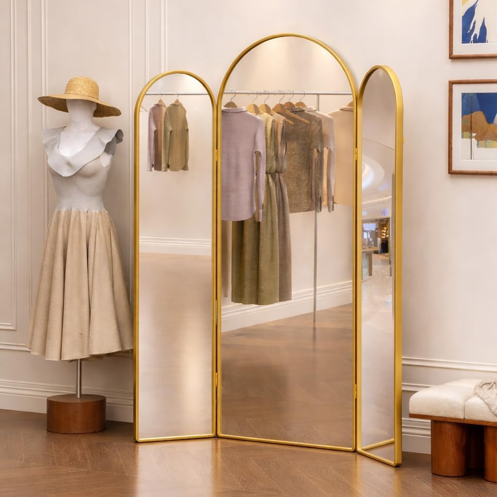 3 Way Arched Full Length Mirror Free Standing, 71"x 52" Large Modern Trifold Mirror with 3 Panel Tempered Glass & Metal Frame, for Dressing Room, Bridal Shop,Clothing Store (Gold, 71"L x 52"W)