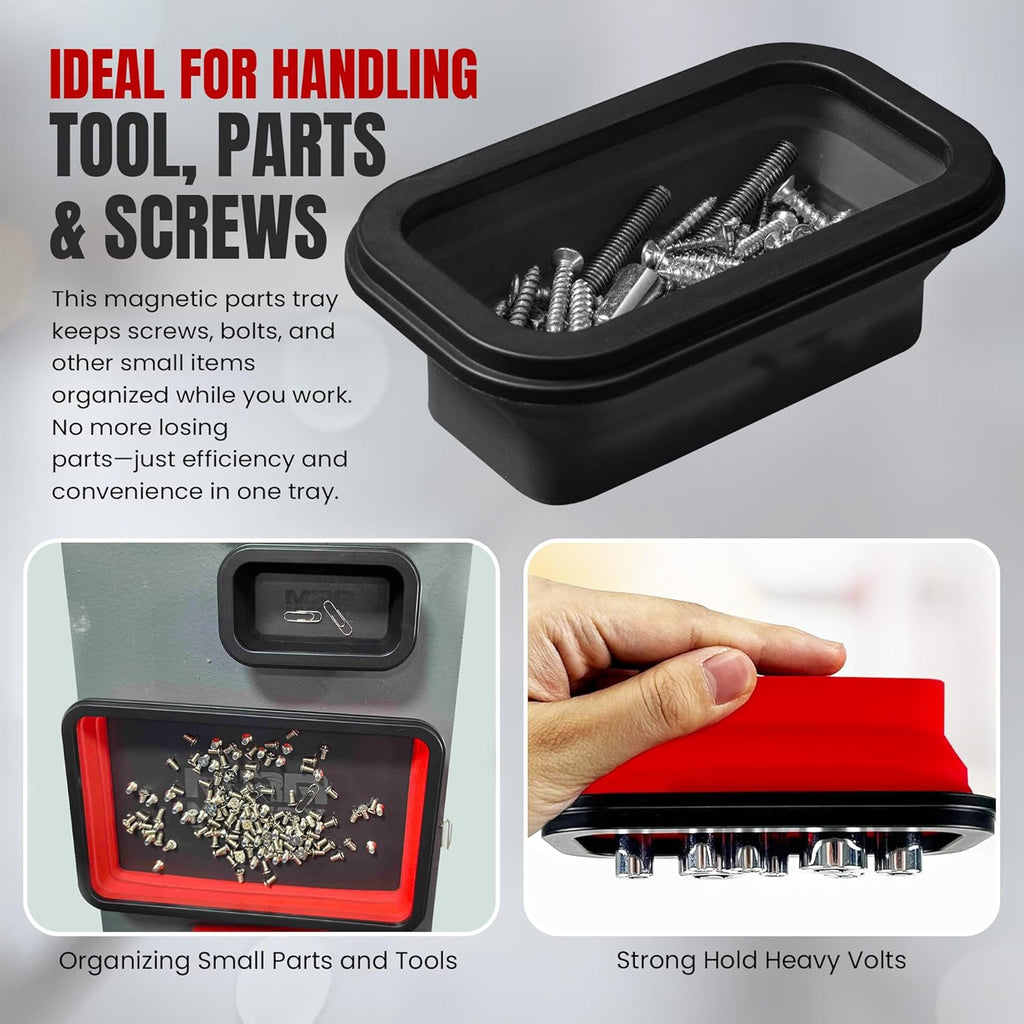 Magnetic Parts Tray Set 3-Pack - Collapsible Silicone Magnetic Tray with Strong Base - Multi-Size (Black)