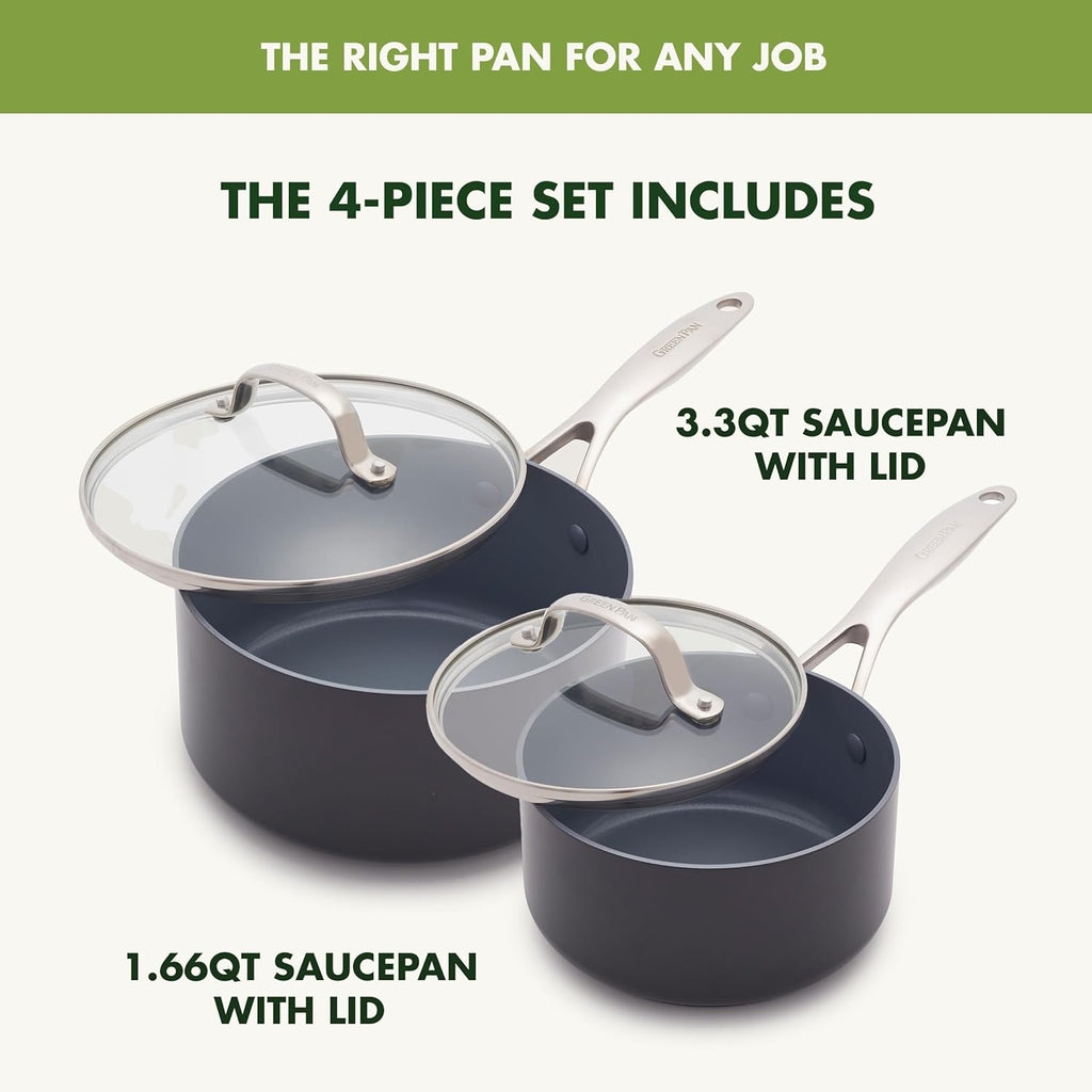 GreenPan Valencia Pro Ceramic Nonstick 1.66QT & 3.3QT Saucepan Pots with Lids Set, Hard Anodized PFAS-Free Cookware, Induction Ready & All Cooktops, Soup & Sauce, Dishwasher & Oven Safe to 600F, Gray
