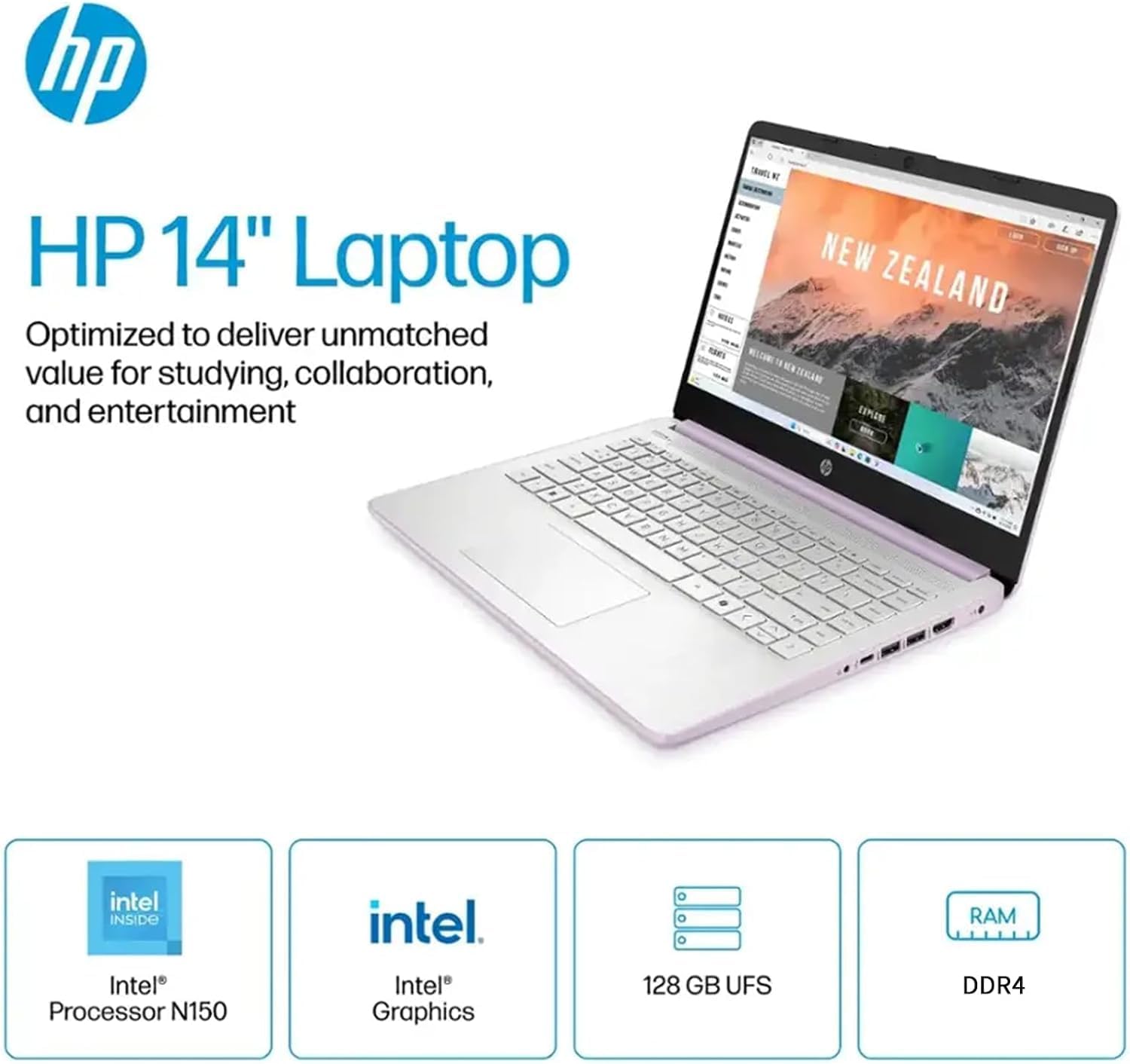 HP 14" HD Student Business Laptop, Intel Quad-Core N150, 8GB RAM, 128GB UFS, 1 Year Office 365, Slim Design, Webcam, HDMI, Bluetooth, WiFi, Win 11 S, Honey Lavender