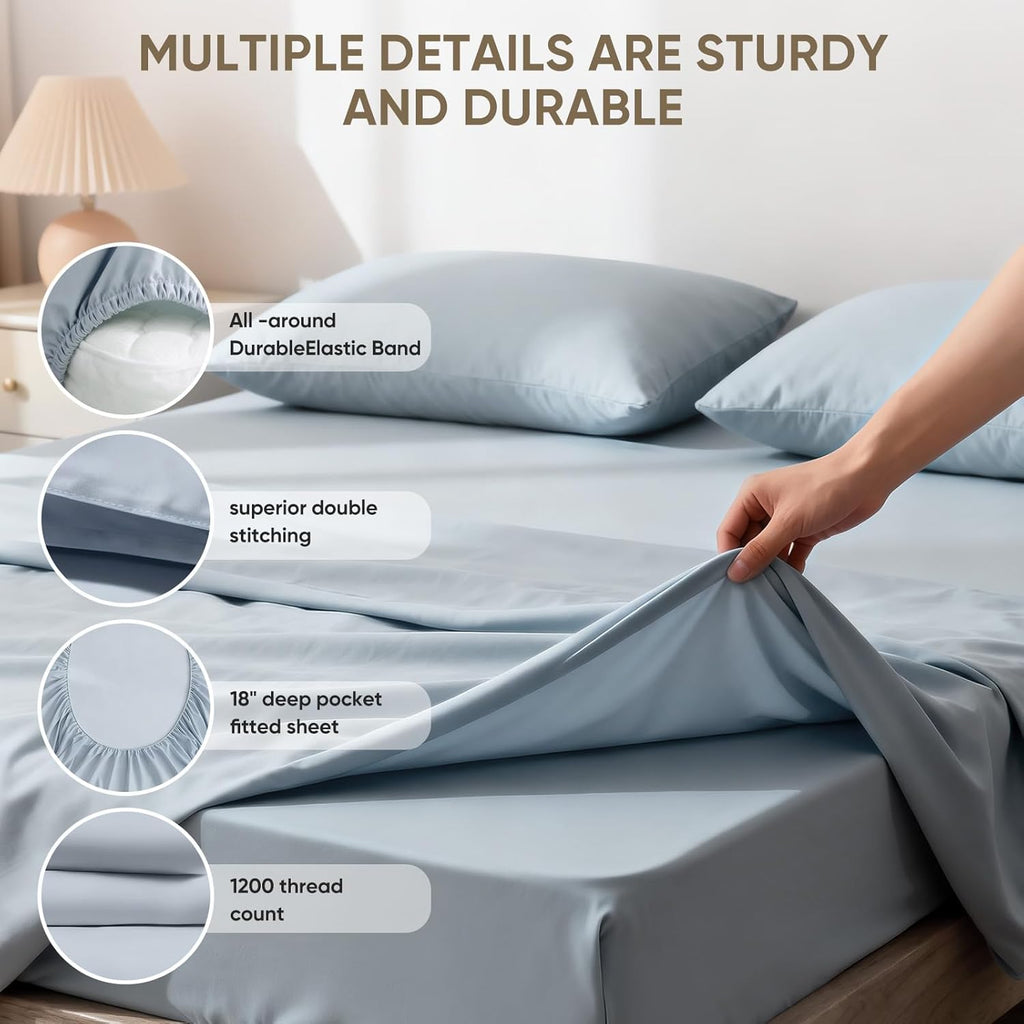 TWK 1200 Thread Count 100% Egyptian Cotton Sheets Bed Set,Thickness,Long-Lasting Durability,Resists Pilling,Deep Pocket Up to 18",with a Laundry Bag (French Blue, King)