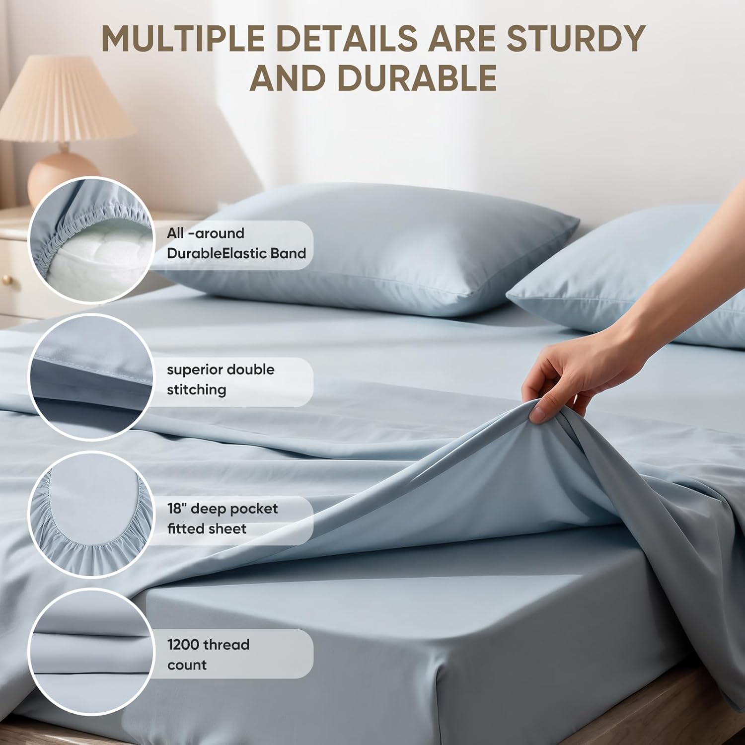 TWK 1200 Thread Count 100% Egyptian Cotton Sheets Bed Set,Thickness,Long-Lasting Durability,Resists Pilling,Deep Pocket Up to 18",with a Laundry Bag (French Blue, King)