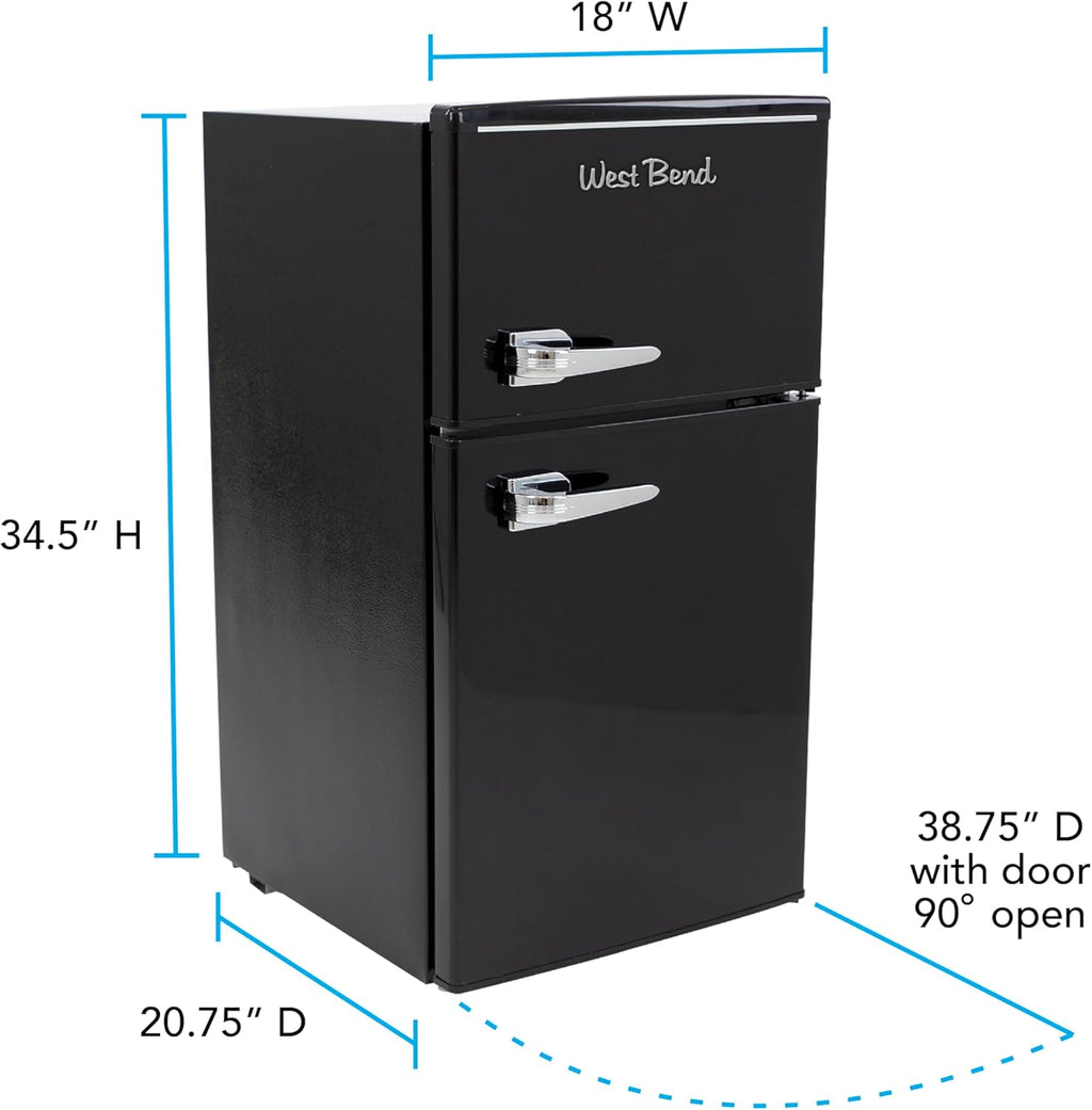 West Bend Mini Fridge with Freezer for Bedroom, Office, Bar or Dorm Room, Retro Compact Refrigerator features Glass Shelves, Manual Defrost and Adjustable Temperature Control, 3.1-Cu.Ft., Black