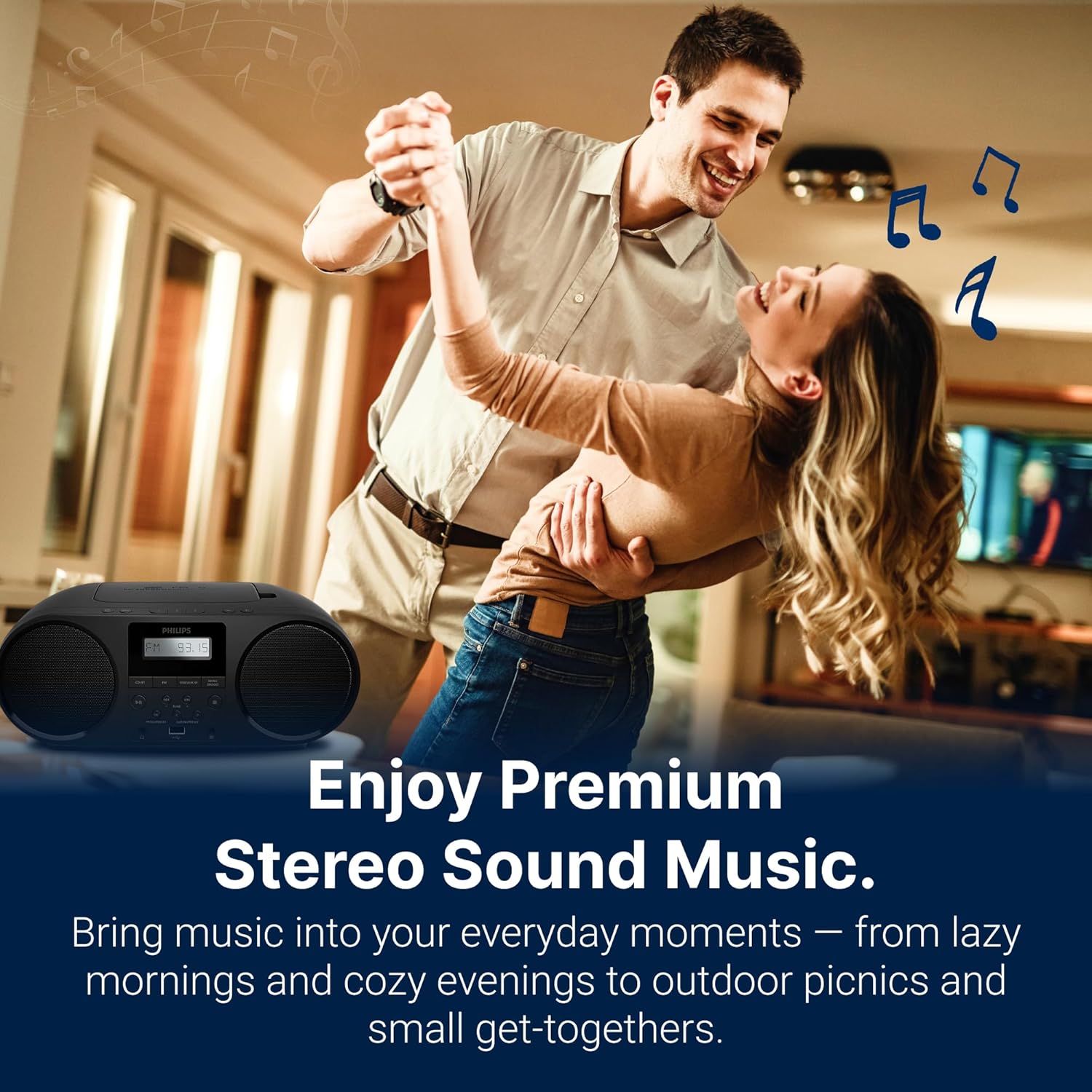 Philips Portable CD Player Boombox with Bluetooth, FM Radio, Dynamic Bass Boost Speakers, USB/Headphone Jack/Aux Input, All-in-One Compact Stereo Sound CD Player for Home, CD-RW/MP3 Playback