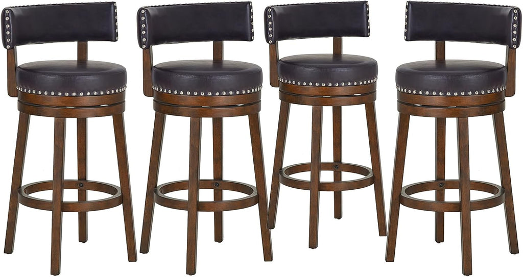 COLAMY Swivel Bar Stools Set of 4, 30 Inch Swivel Counter Height Stools, Modern Upholstered Wooden Barstools with Back for Kitchen Island Dining Room Bar, Dark Brown