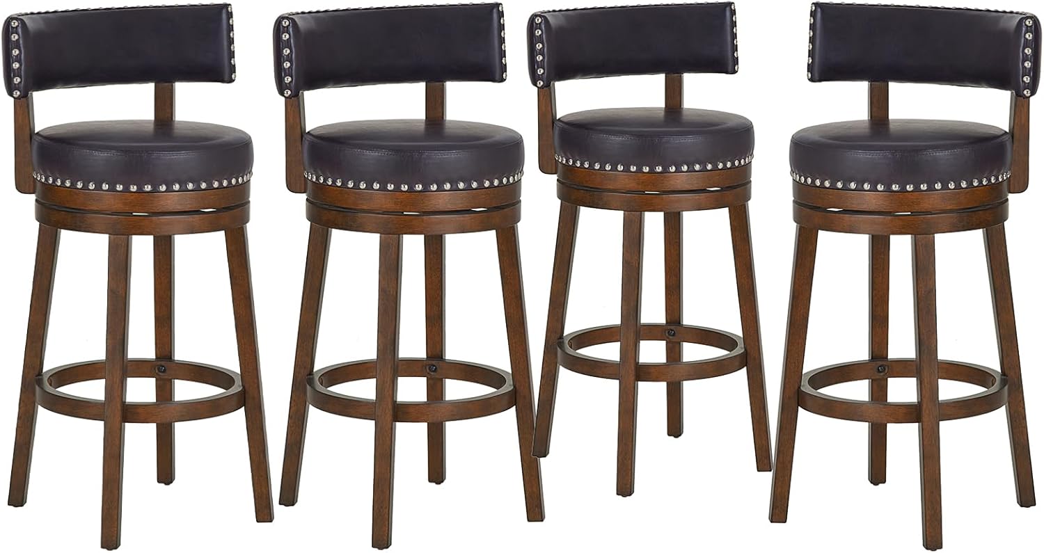 COLAMY Swivel Bar Stools Set of 4, 30 Inch Swivel Counter Height Stools, Modern Upholstered Wooden Barstools with Back for Kitchen Island Dining Room Bar, Dark Brown
