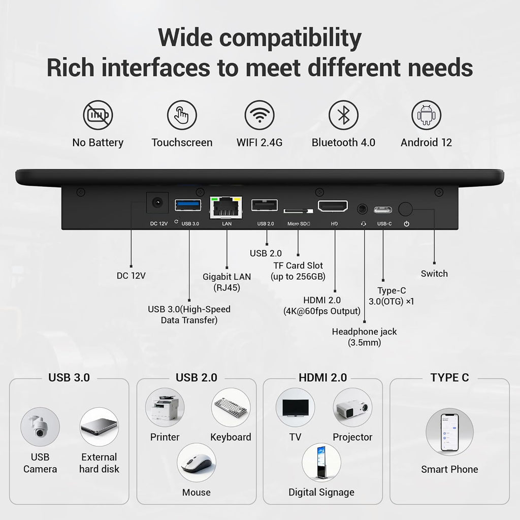 HIGOLEPC Fanless All-in-One Touchscreen Computer RK3399, Industrial Panel PC 10.1 Inch Rugged Android 12, 4GB RAM, 64GB ROM, 1280 * 800 IPS