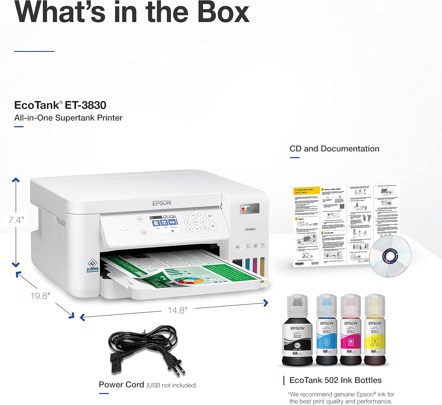 Epson EcoTank ET-3830 Wireless Color All-in-One Cartridge-Free Supertank with Scan Copy, Auto 2-Sided Printing and Ethernet, The Perfect Printer Productive Families, White