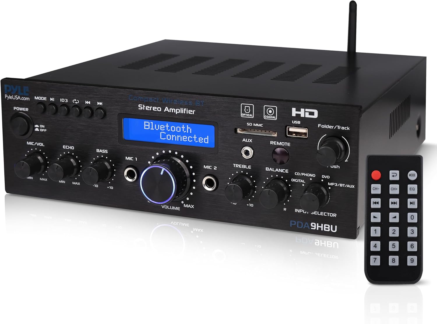 Pyle Wireless Bluetooth Home Stereo Amplifier - Multi-Channel 200 Watt Power Amplifier Home Audio Receiver System w/HDMI, Optical/Phono/Coaxial, FM Radio, USB/SD, AUX, RCA, Mic in - Remote - PDA9HBU