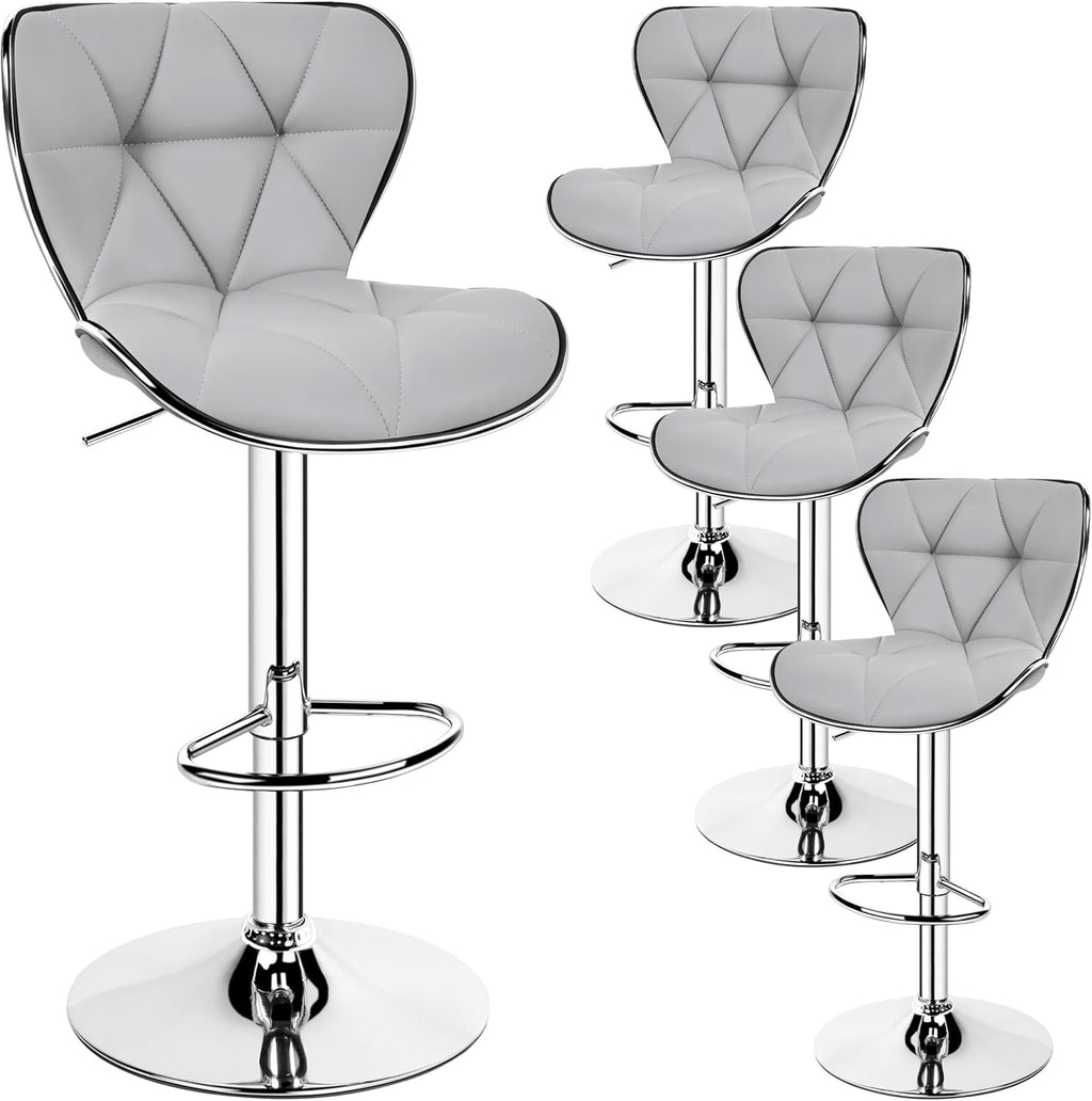 Yaheetech Bar Stools Set of 4, Island Chairs Shell Back, PU Leather Adjustable Barstools, Swivel Barstools with Footrest for Home Kitchen, Light Gray