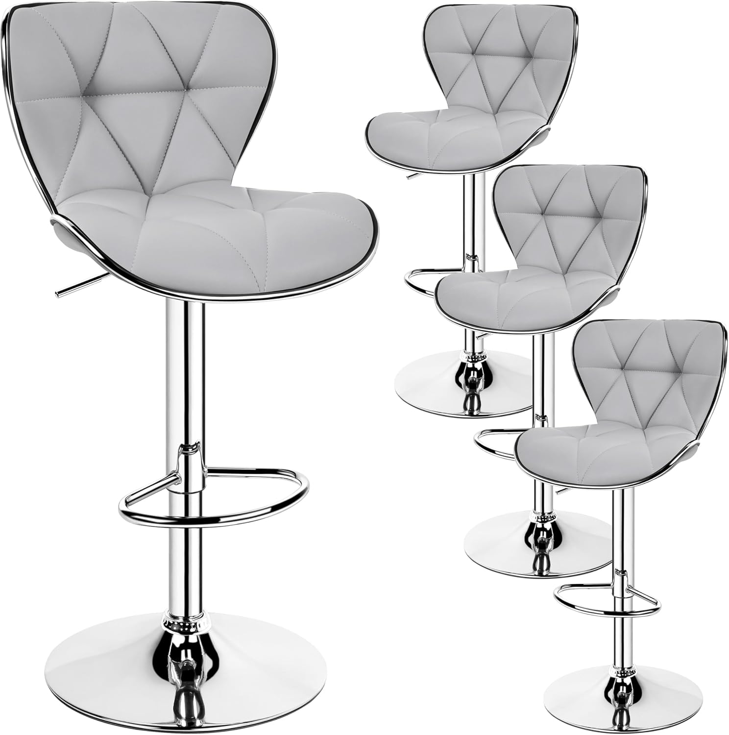 Yaheetech Bar Stools Set of 4, Island Chairs Shell Back, PU Leather Adjustable Barstools, Swivel Barstools with Footrest for Home Kitchen, Light Gray