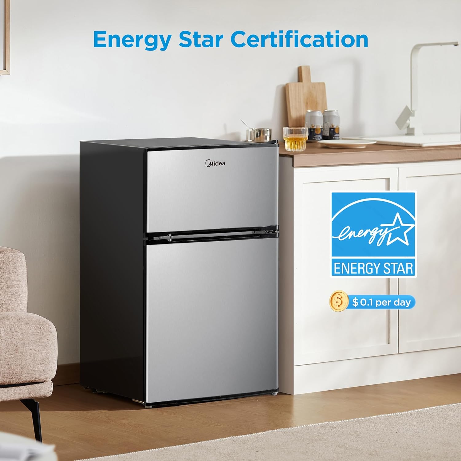 Midea WHD-113FSS1 Double Door Mini Fridge with Freezer for Bedroom Office or Dorm with Adjustable Remove Glass Shelves Compact Refrigerator, 3.1 cu ft, Stainless Steel