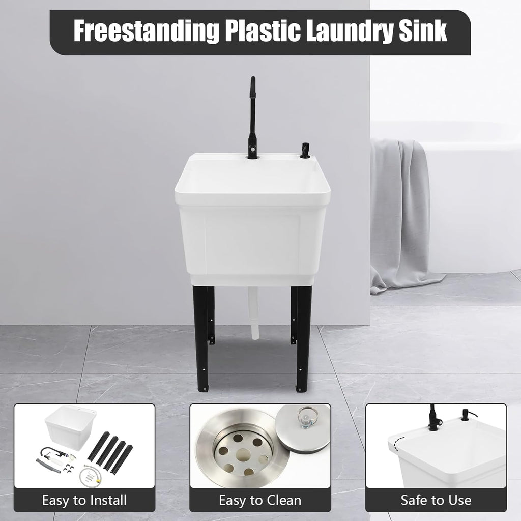 Freestanding Utility Sink, Utility Sink Extra-Deep Laundry Tub, Freestanding Plastic Utility Sink Laundry Tub Sink for Basement, Laundry Room, Garage or Shop (White)