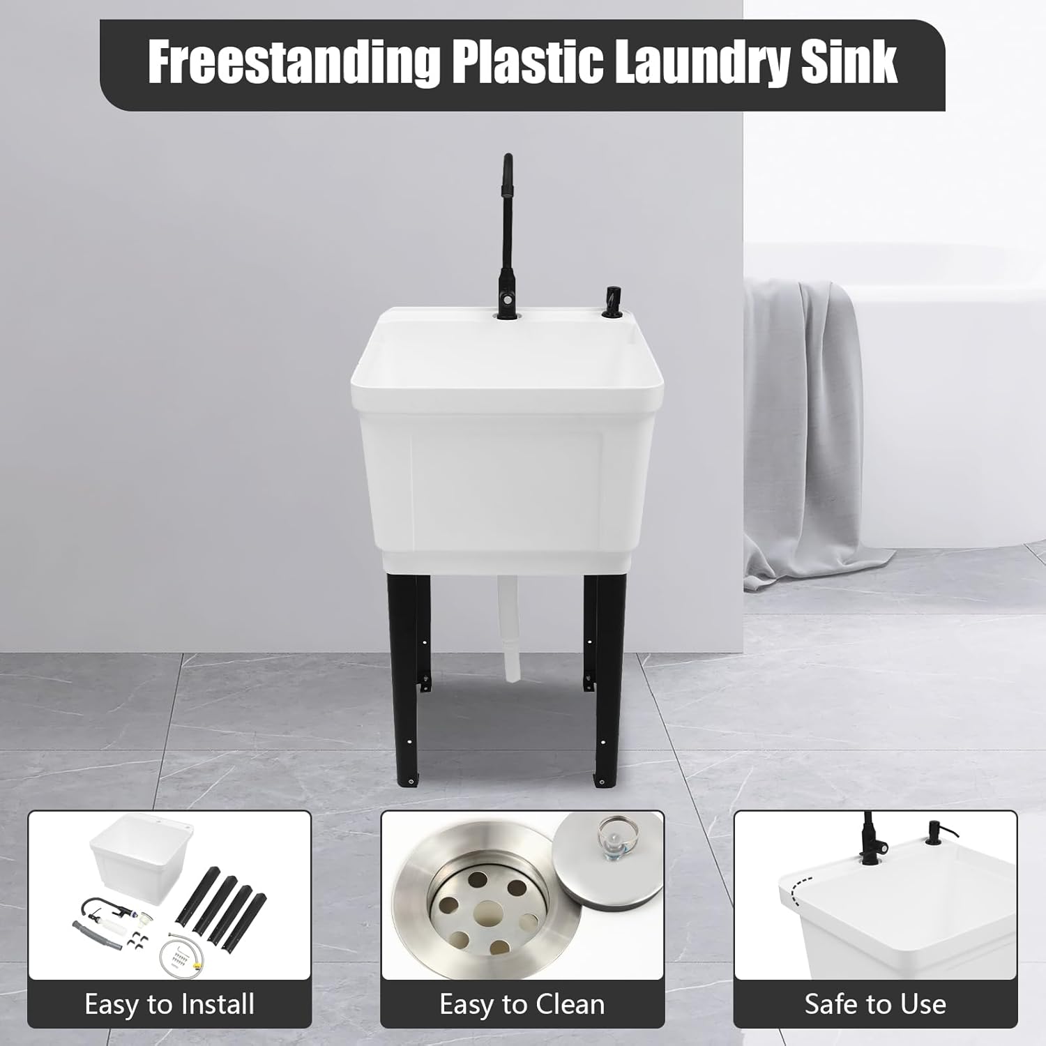 Freestanding Utility Sink, Utility Sink Extra-Deep Laundry Tub, Freestanding Plastic Utility Sink Laundry Tub Sink for Basement, Laundry Room, Garage or Shop (White)