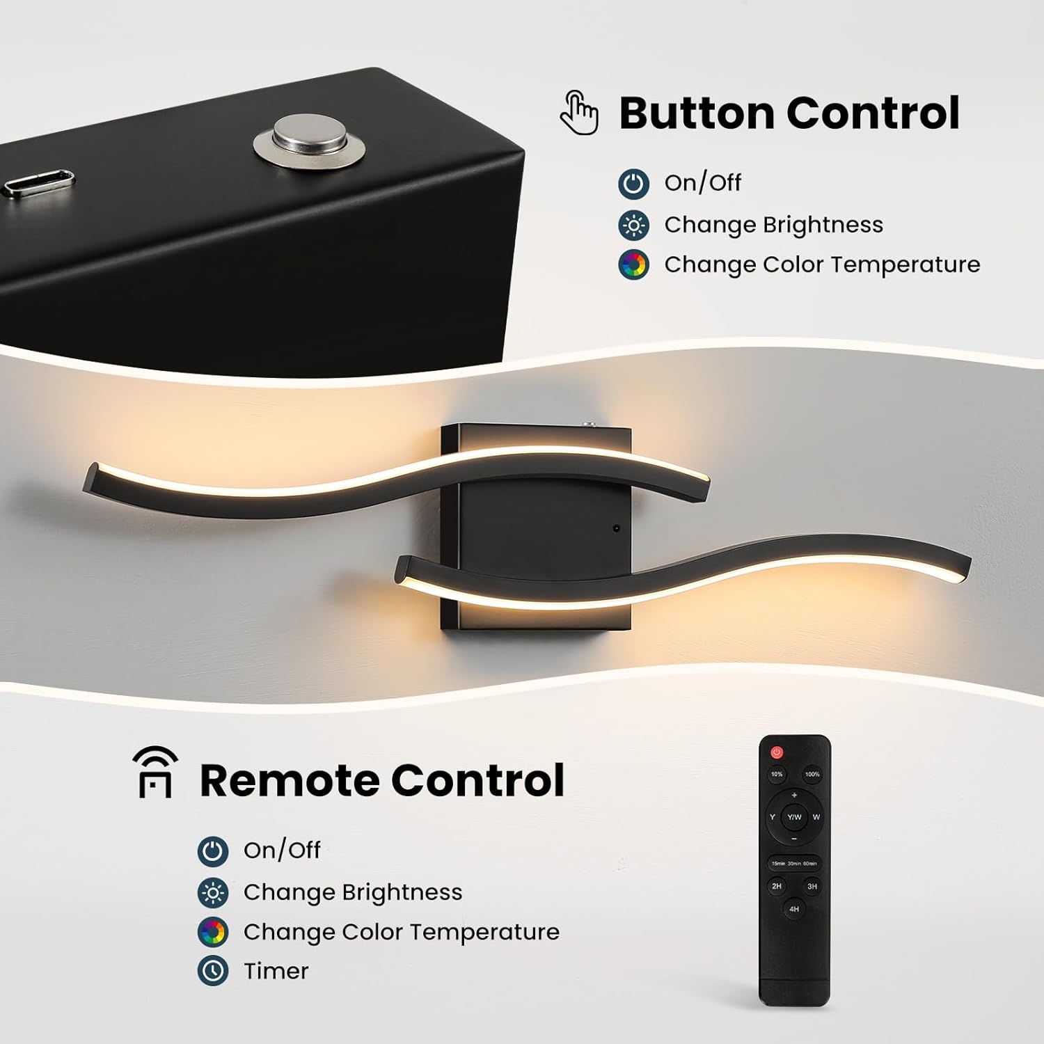 Black Battery Operated Wall Sconces: 23.6 Inch Rechargeable Sconce Lighting Set of 2 with Remote /3 Colors/10-100% Dimming/Timer Modern LED Wall Light for Bedroom Living Room Hallway Bathroom, 2 Pcs