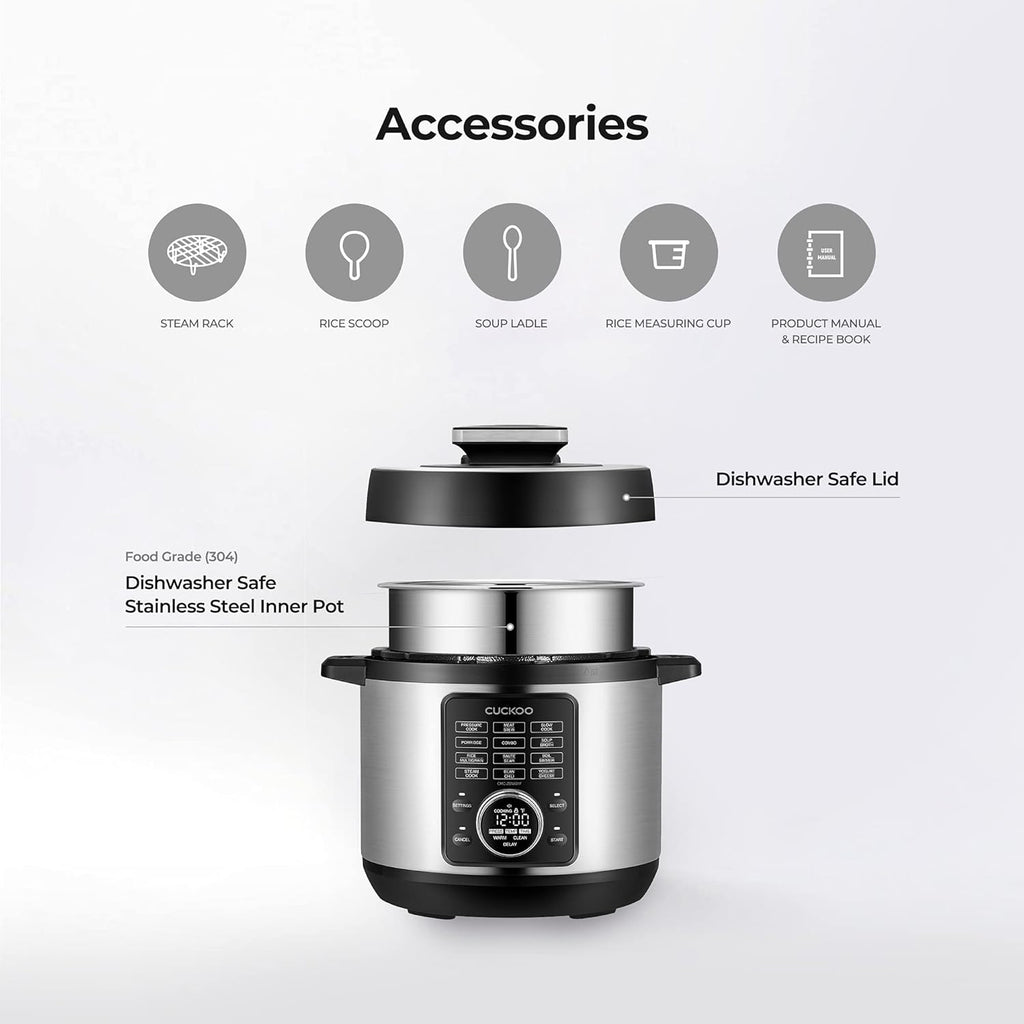 CUCKOO Pressure Cooker 10 Menu Options: Steamer, Slow Cook, Sauté, Porridge, & More, User-Friendly LED Display, Stainless Steel Inner Pot, 24 Cup / 6 Qt. (Uncooked) CMC-ZSN601F Black
