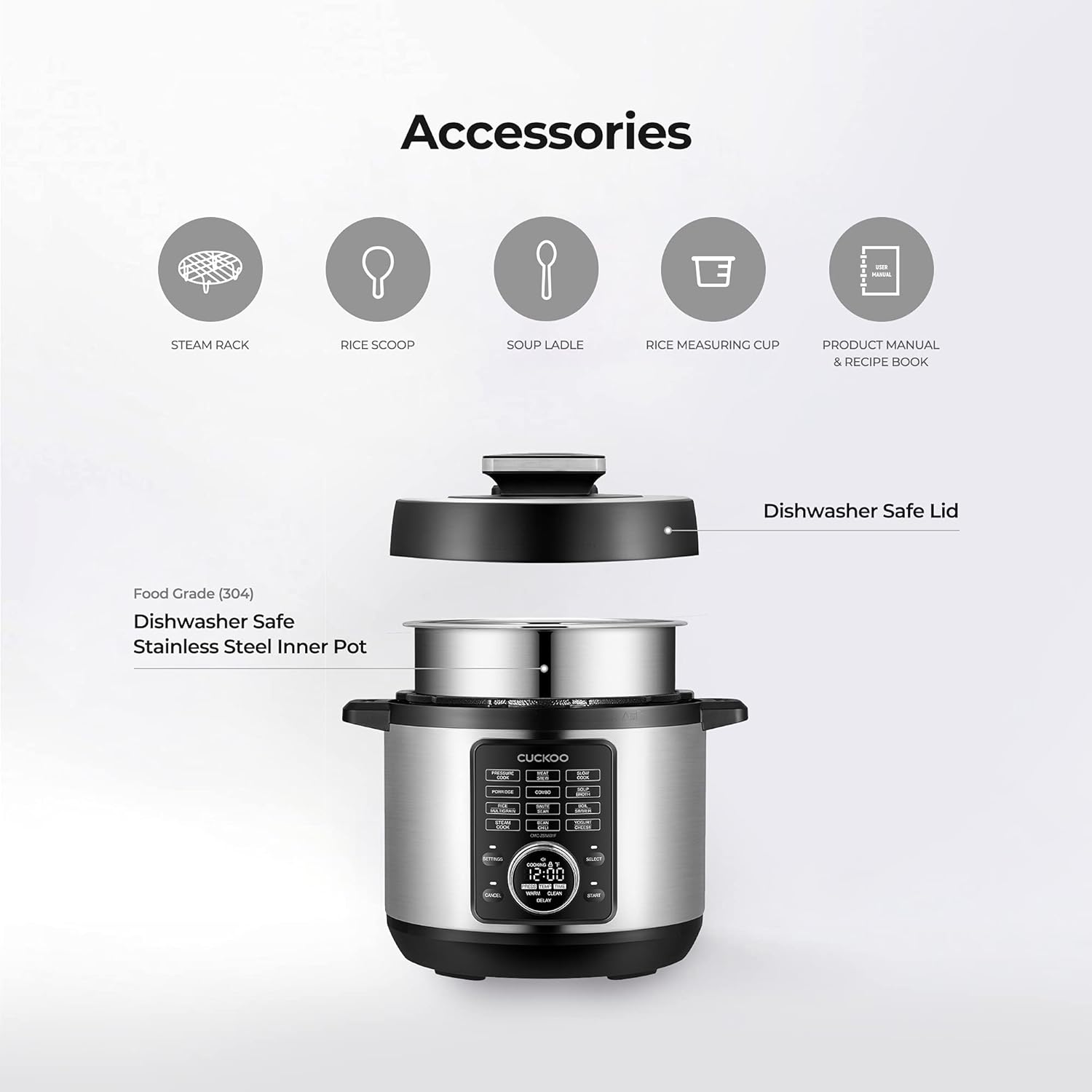 CUCKOO Pressure Cooker 10 Menu Options: Steamer, Slow Cook, Sauté, Porridge, & More, User-Friendly LED Display, Stainless Steel Inner Pot, 24 Cup / 6 Qt. (Uncooked) CMC-ZSN601F Black