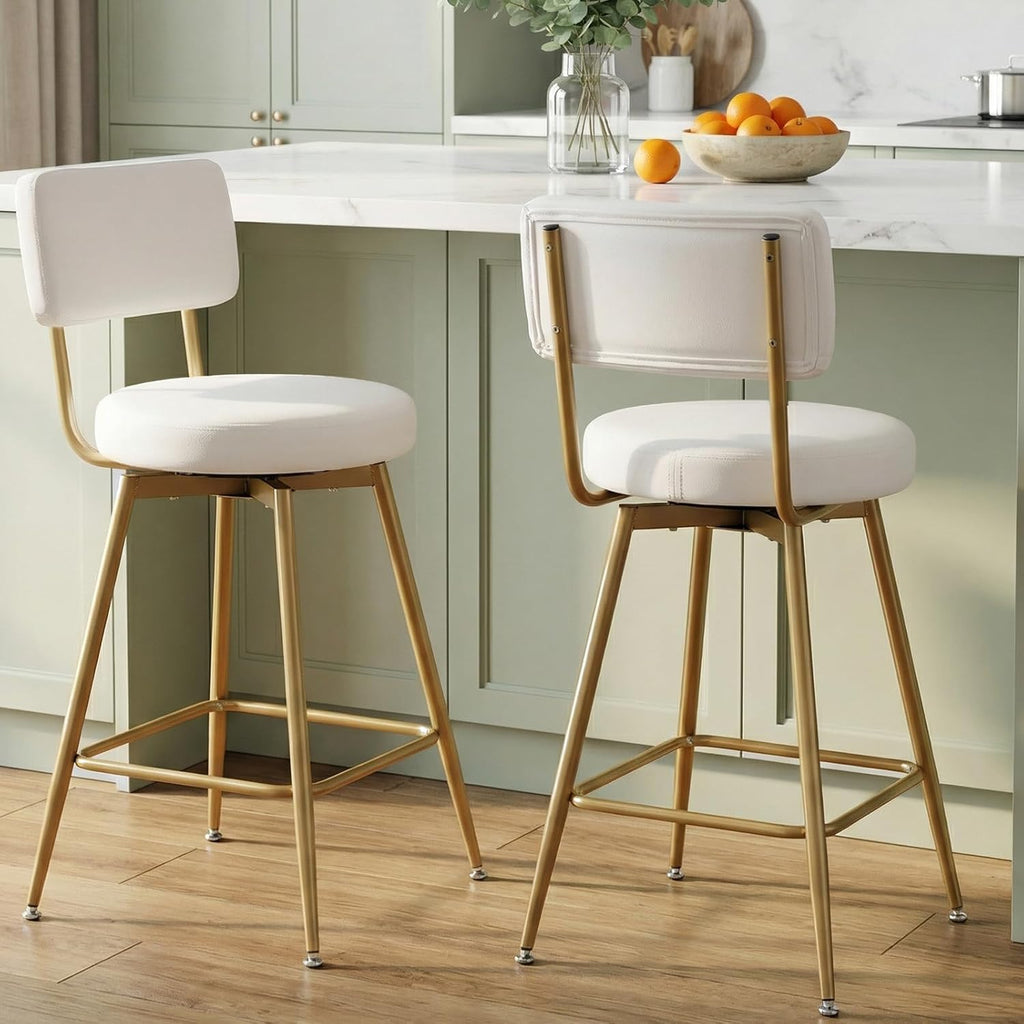Gold White Counter Height Bar Stools Set of 2, Modern Swivel Bar Stools with Back, 25 Inch PU Leather Barstools Bar Chair Island Stool for Kitchen Counter, White Gold