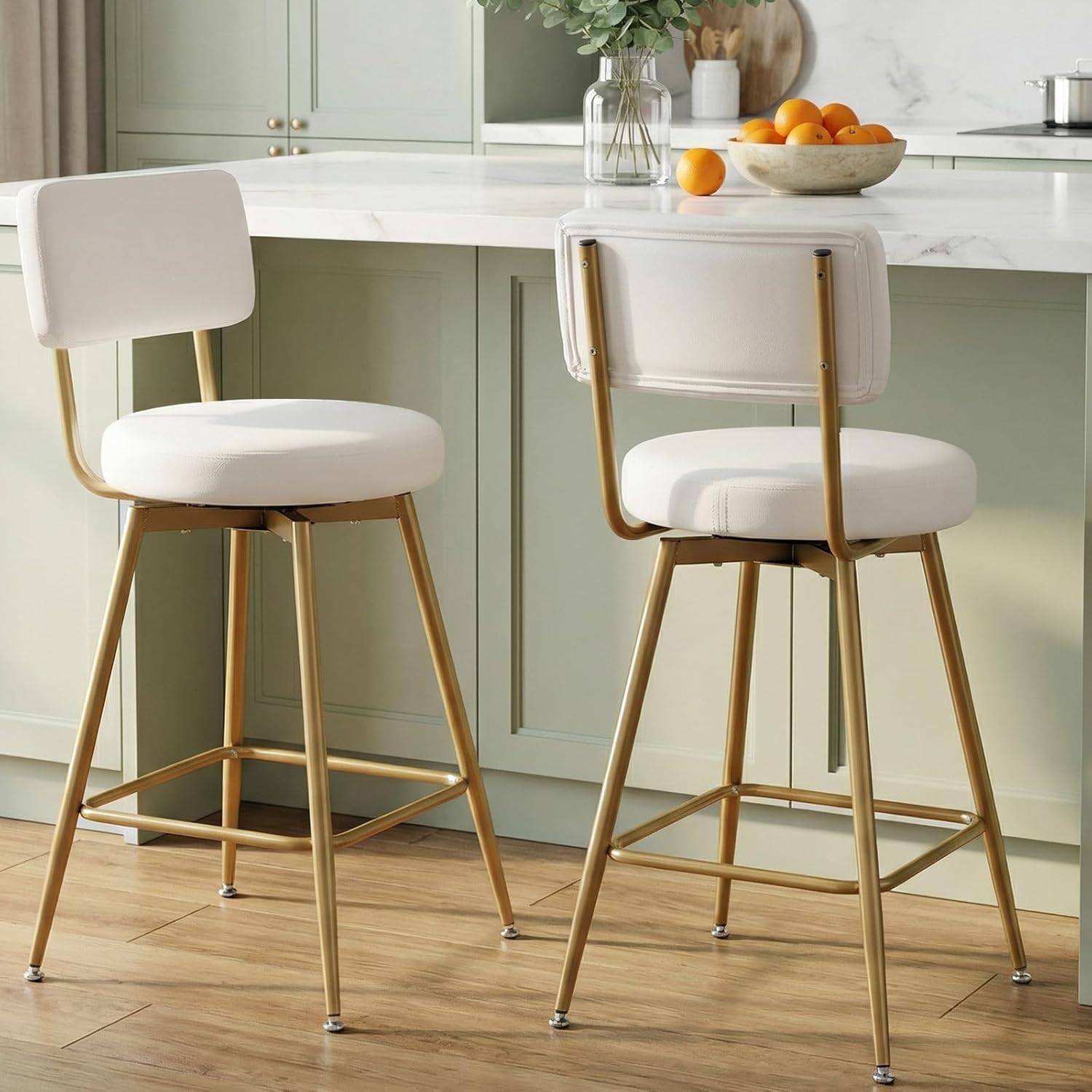 Gold White Counter Height Bar Stools Set of 2, Modern Swivel Bar Stools with Back, 25 Inch PU Leather Barstools Bar Chair Island Stool for Kitchen Counter, White Gold