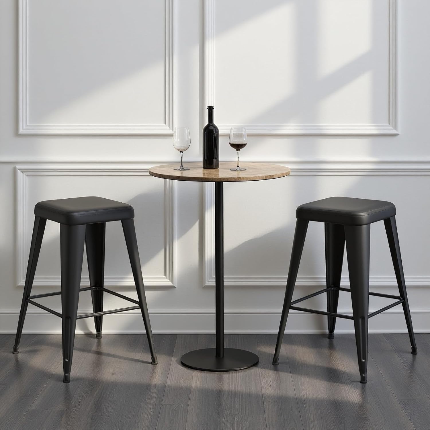 Bar Stools Set of 4, 26" Counter Height Bar Stools Backless, Upholstered Bar Stools with Metal Legs for Kitchen Island, Study Room, Cafe, Black