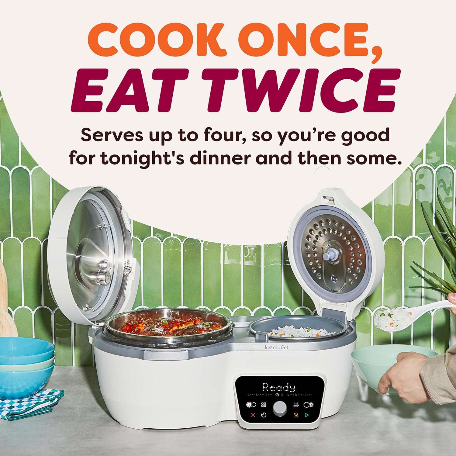 Instant Pot Dual Action 8‑in‑1 Multi-Cooker with Serve Together™ Smart Timing, 4Qt Pressure Cooker & 2Qt Rice Cooker, Cook Mains & Sides Together, Fast Cooking, PFAS-Free Pot*, Sauté, Slow Cook & More