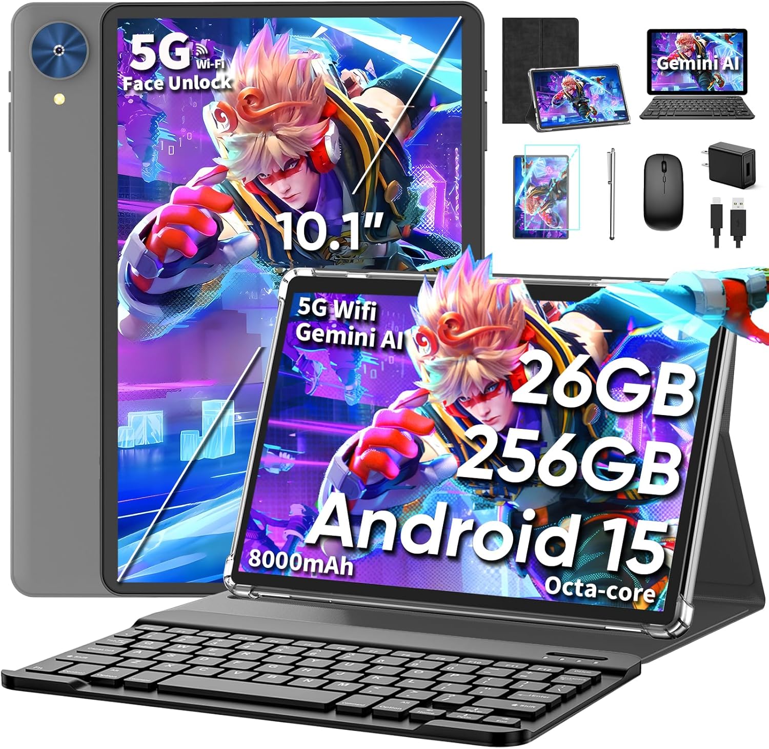 10 Inch Tablet, 2026 Android 15 Tablet with Keyboard, 26GB+256GB+2TB Expand, Tablets PC with Gemini AI, Octa-Core, 8000mAh, 5G WiFi, Widevine L1, GMS, 2 in 1 Tablets with Case, Mouse, Stylus (Black)